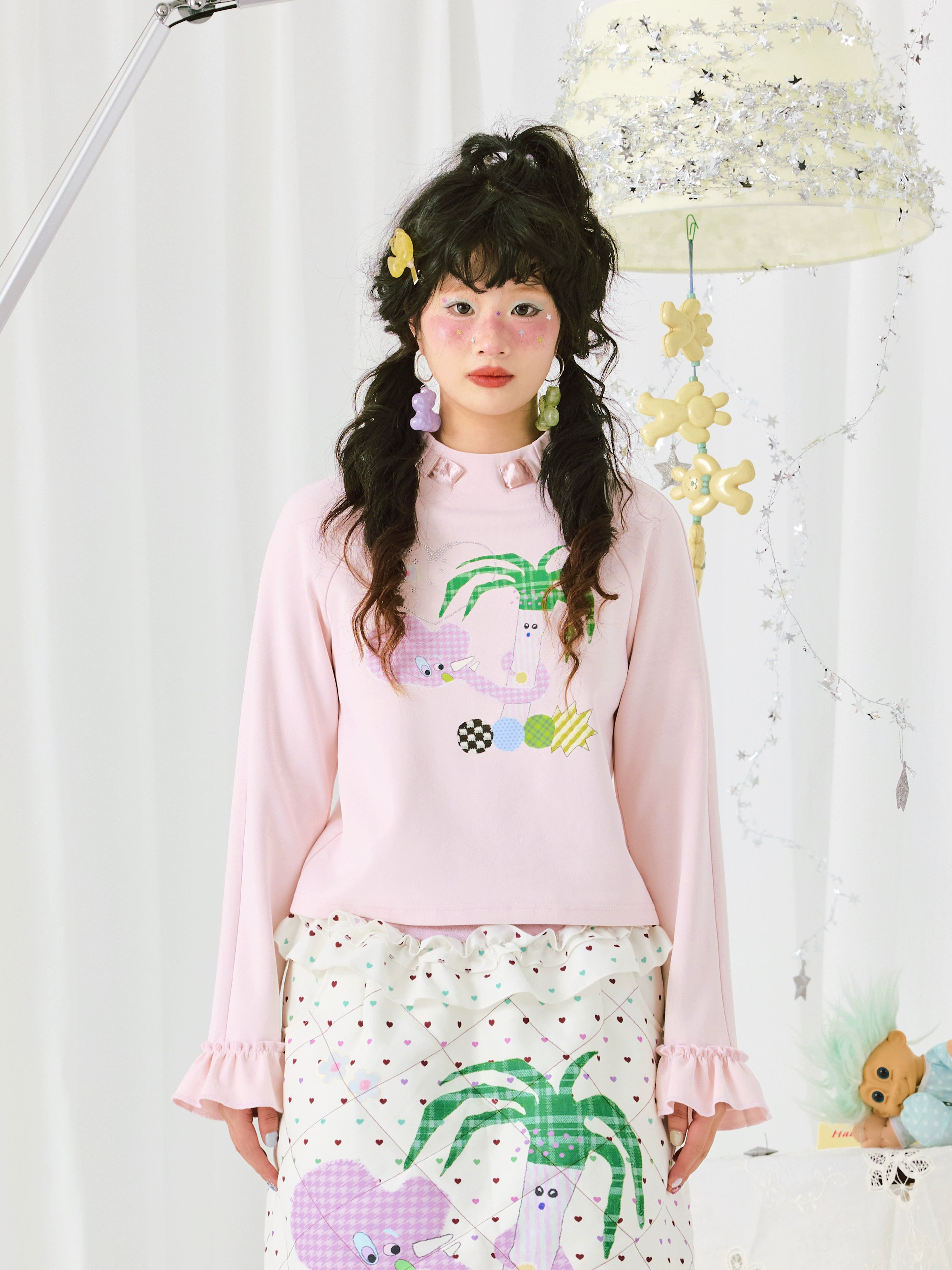Harajuku T-shirt Pink Cotton Feel Colorful Print Long Sleeve Crop T-Shirt - HELPHELP by Land Decora