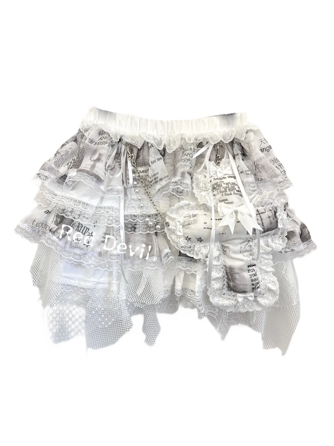 White Lace Asymmetrical Mesh Tiered Skirt - RedDevil by Land Decora