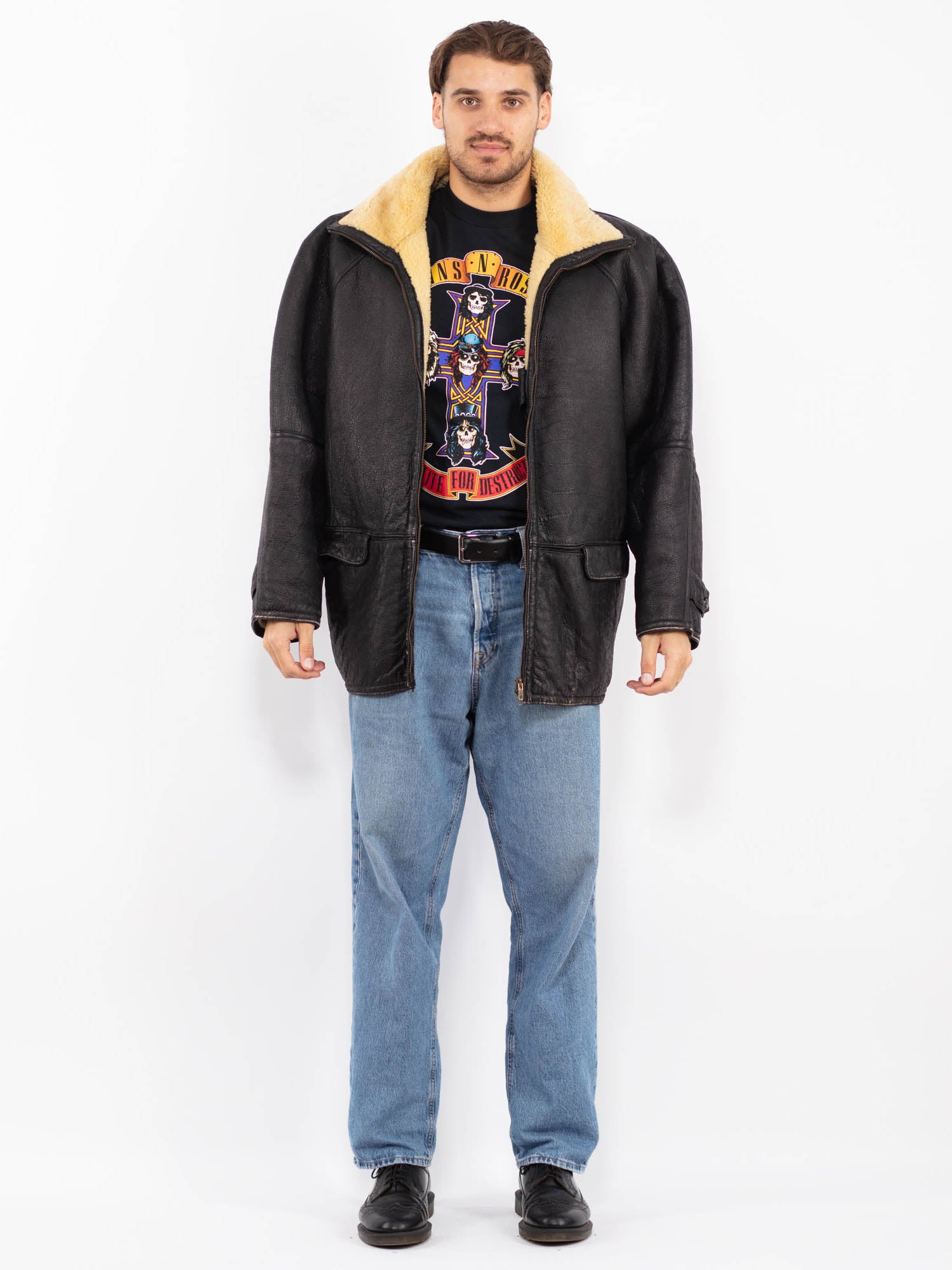 Vintage 70's Men Distressed Sheepskin Jacket in Black by Northern Grip