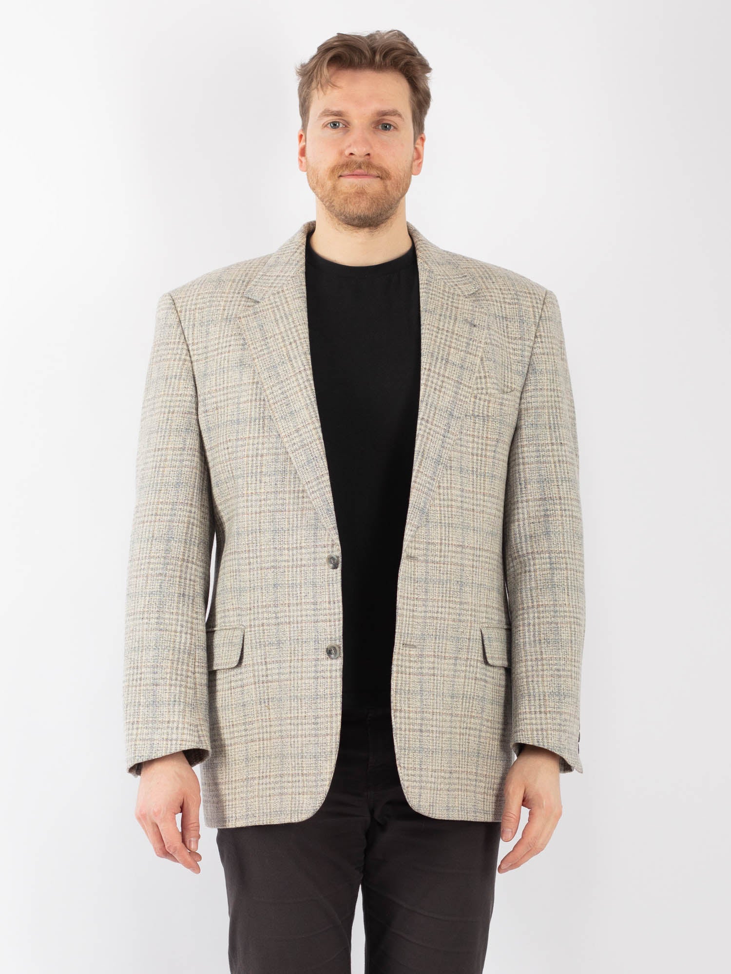 Vintage 90's Men Wool Blazer Jacket in Beige Blue by Northern Grip