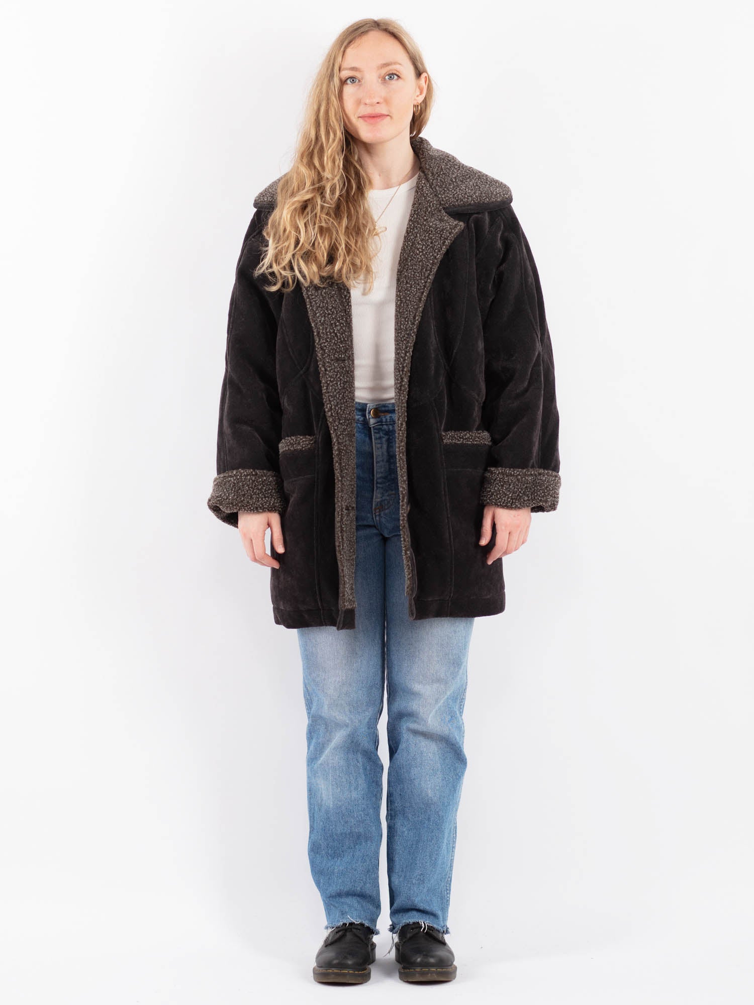 Vintage 90's Women Faux Sheepskin Coat in Gray by Northern Grip