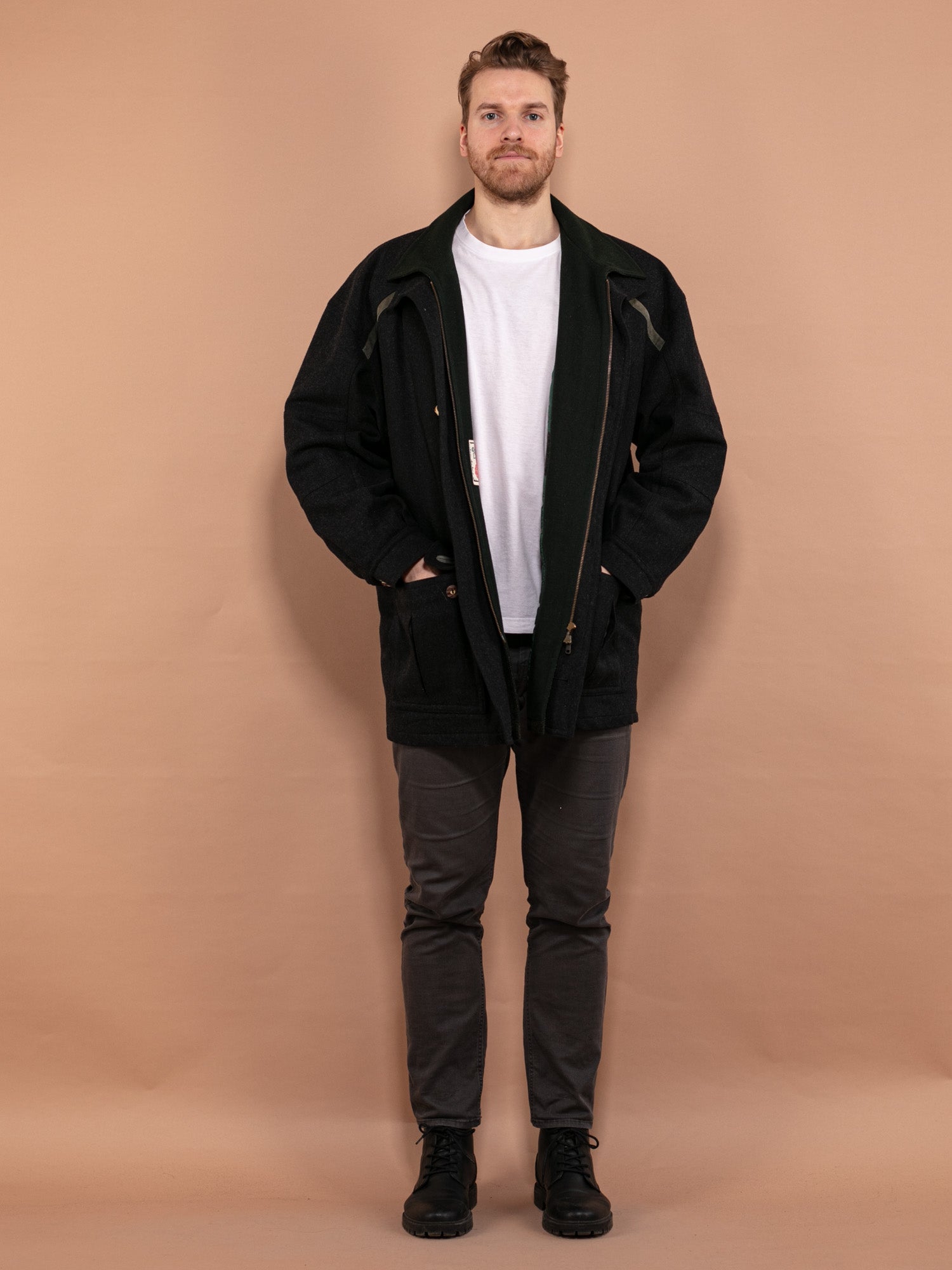 Vintage 80's Men Loden Wool Blend Coat in Dark Gray by Northern Grip