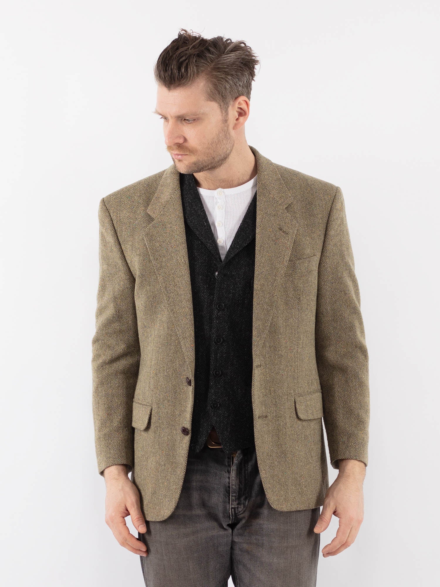 Vintage 70's Men Wool Blazer Jacket in Beige by Northern Grip