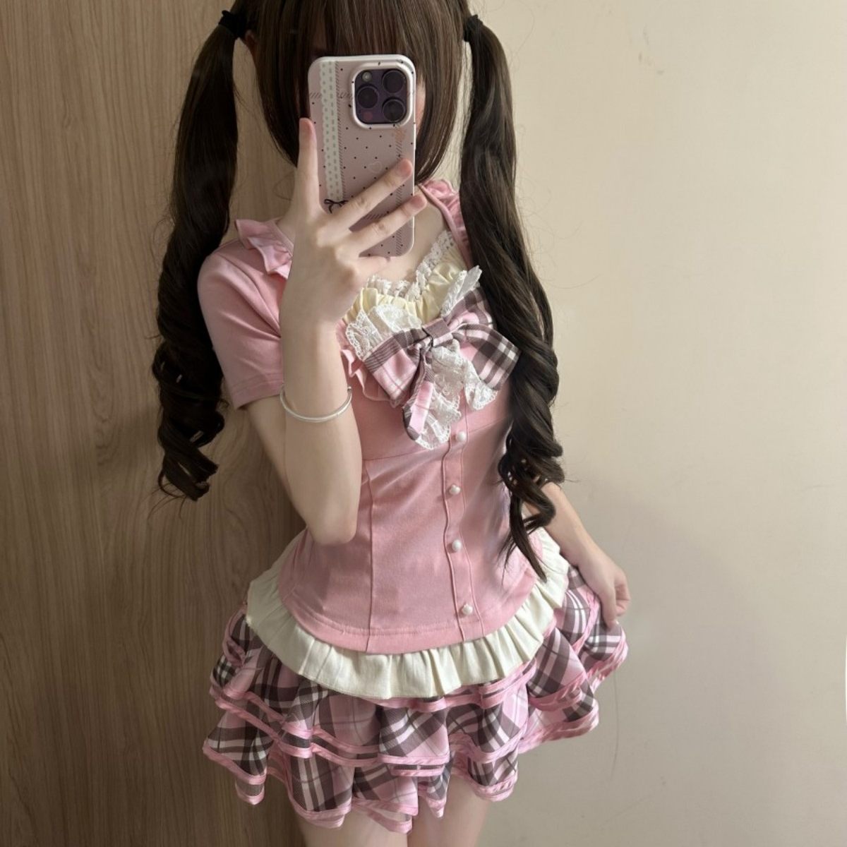Lace Top Plaid Skirt Set - Blurred Bear by Land Decora