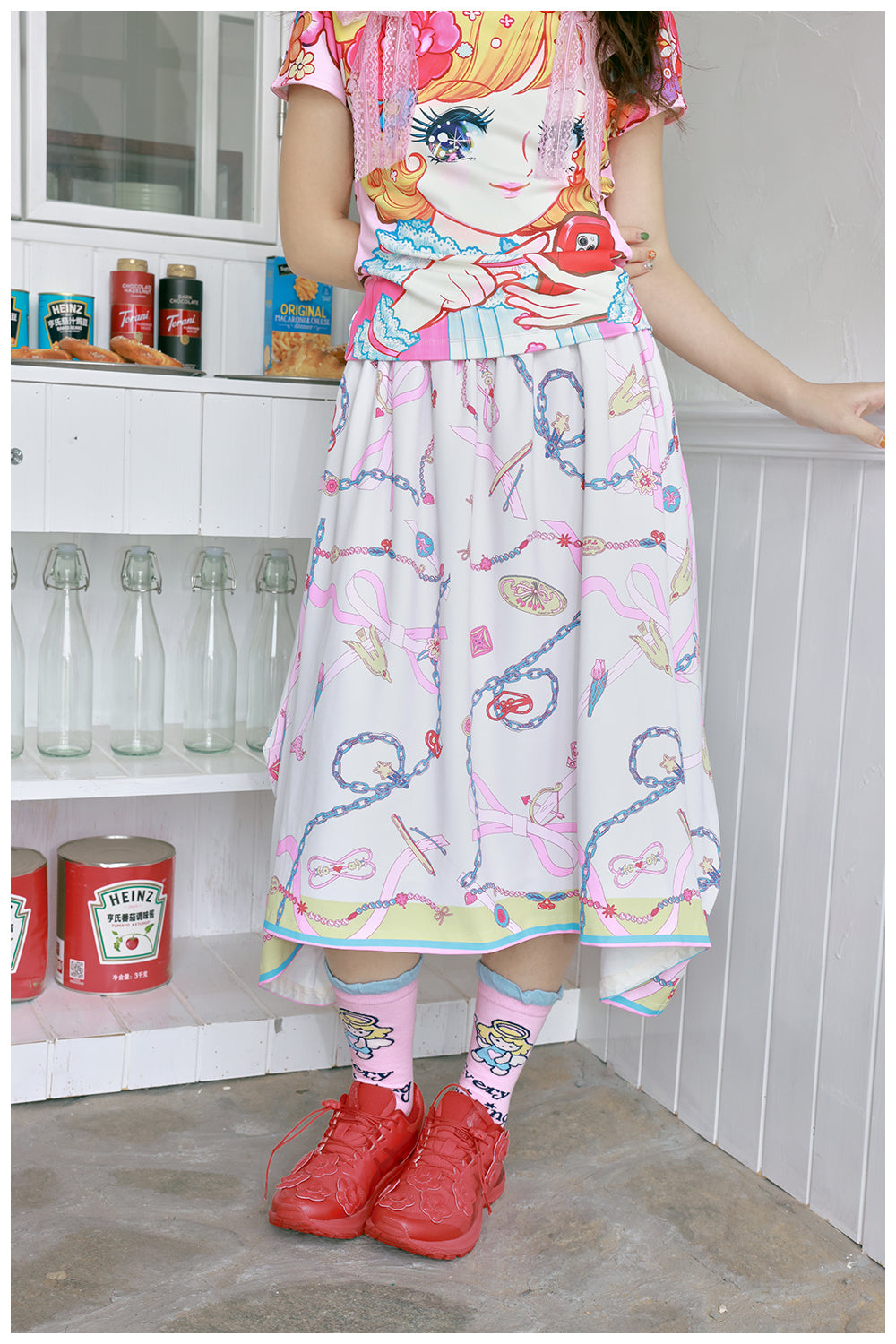 Kawaii Harajuku Pink Scarf Skirt – Summer Bow Print Flowy Skirt | tntntutu by Land Decora