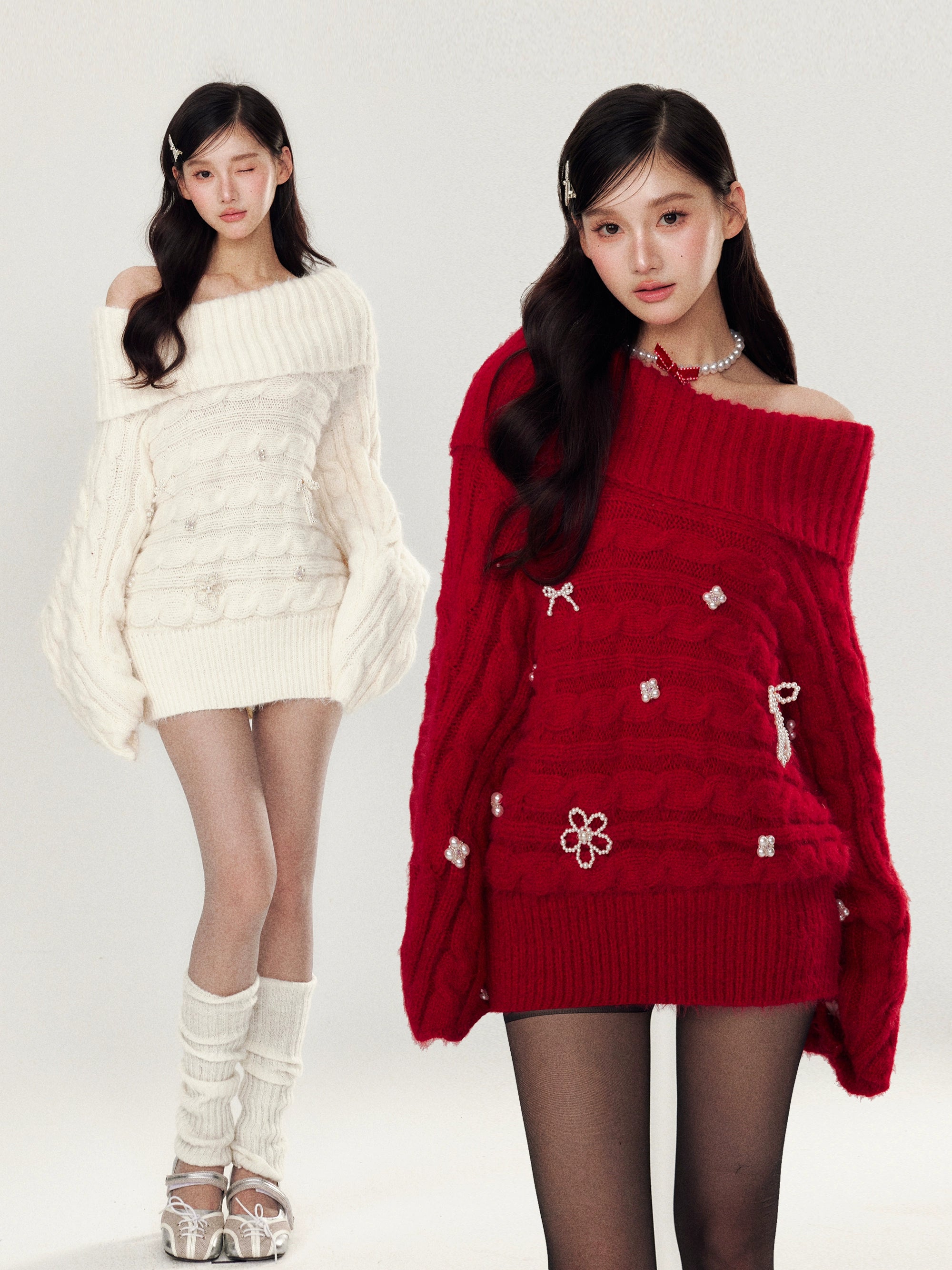 GirlyVibes Sweater Red White Off-Shoulder Handmade Beaded – YZZI HE by Land Decora