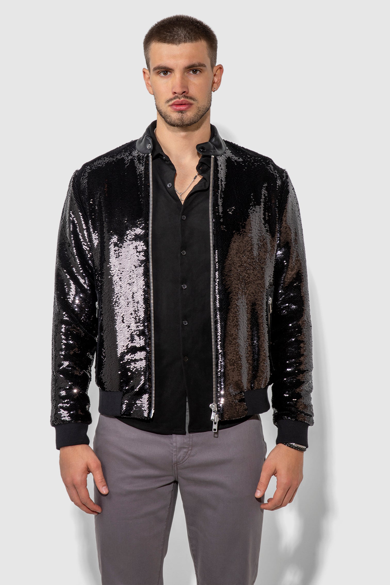Ryder Sequin Noir Snap Collar Racer Jacket by MONFRERE