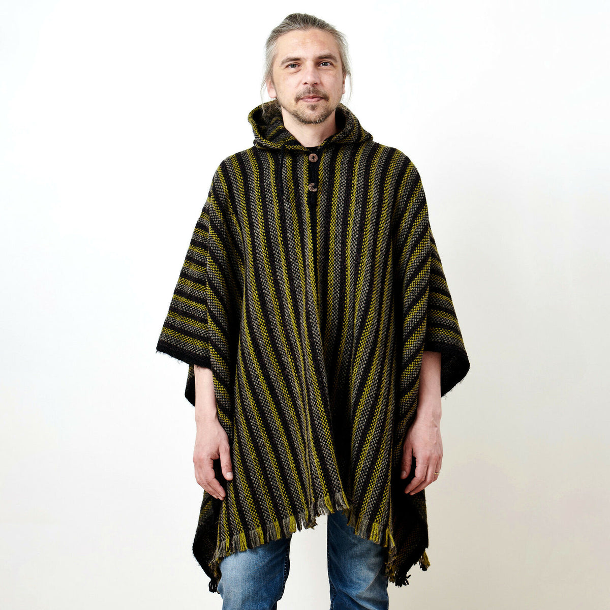 Llama Wool Unisex South American Handwoven Hooded Poncho - thin stripe by ECUALAMA