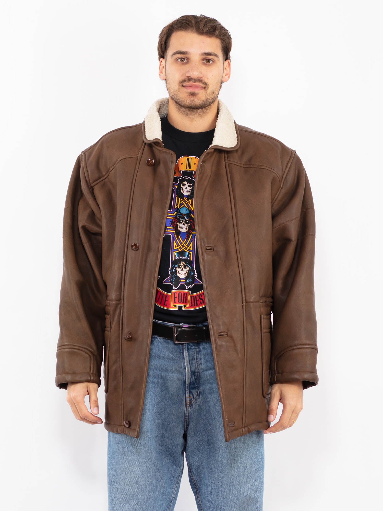 Vintage 90's Men Faux Sheepskin Coat in Brown by Northern Grip