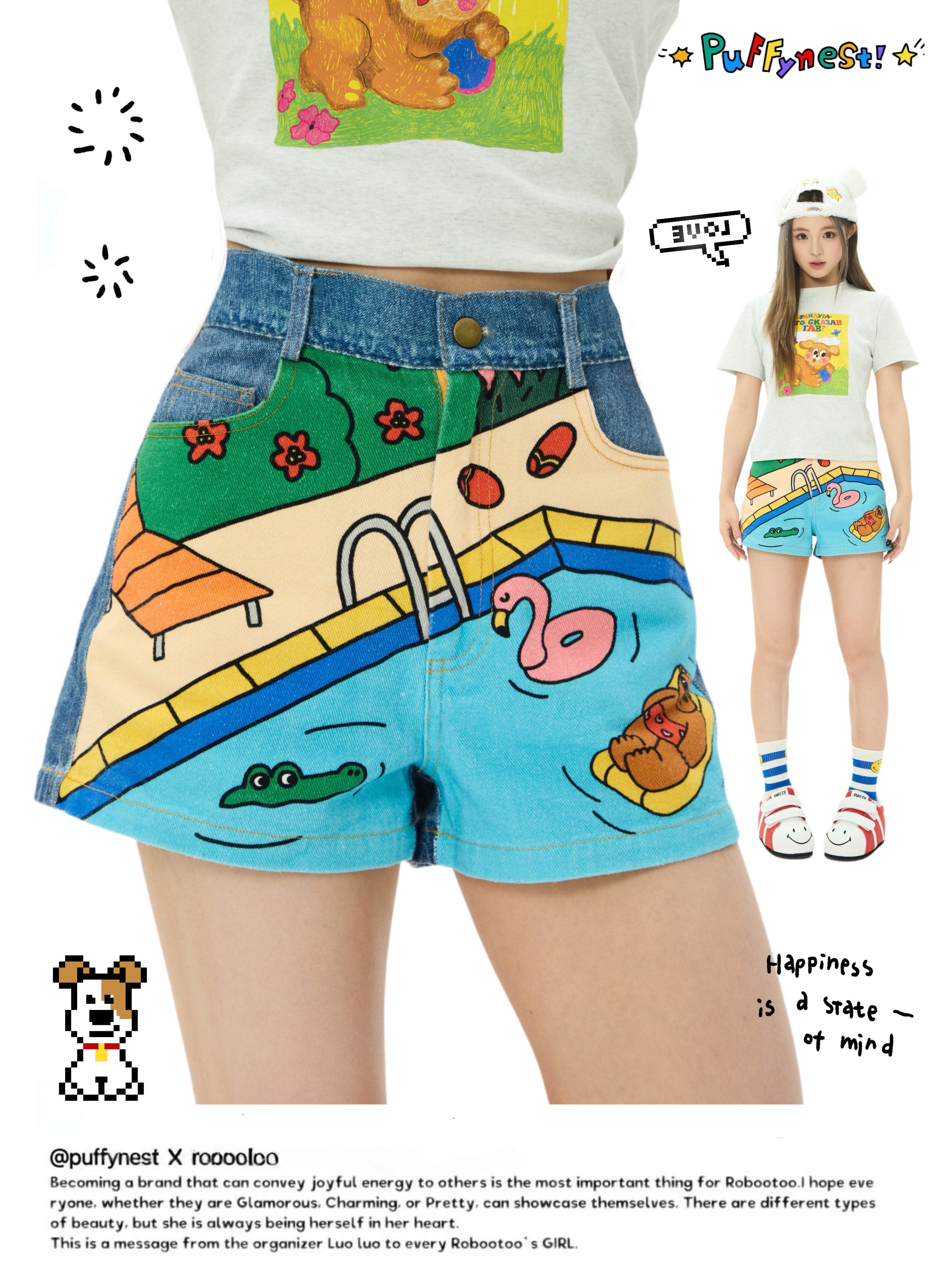 Blue Pool Print Denim Shorts Y2K Kawaii - Robootoo by Land Decora