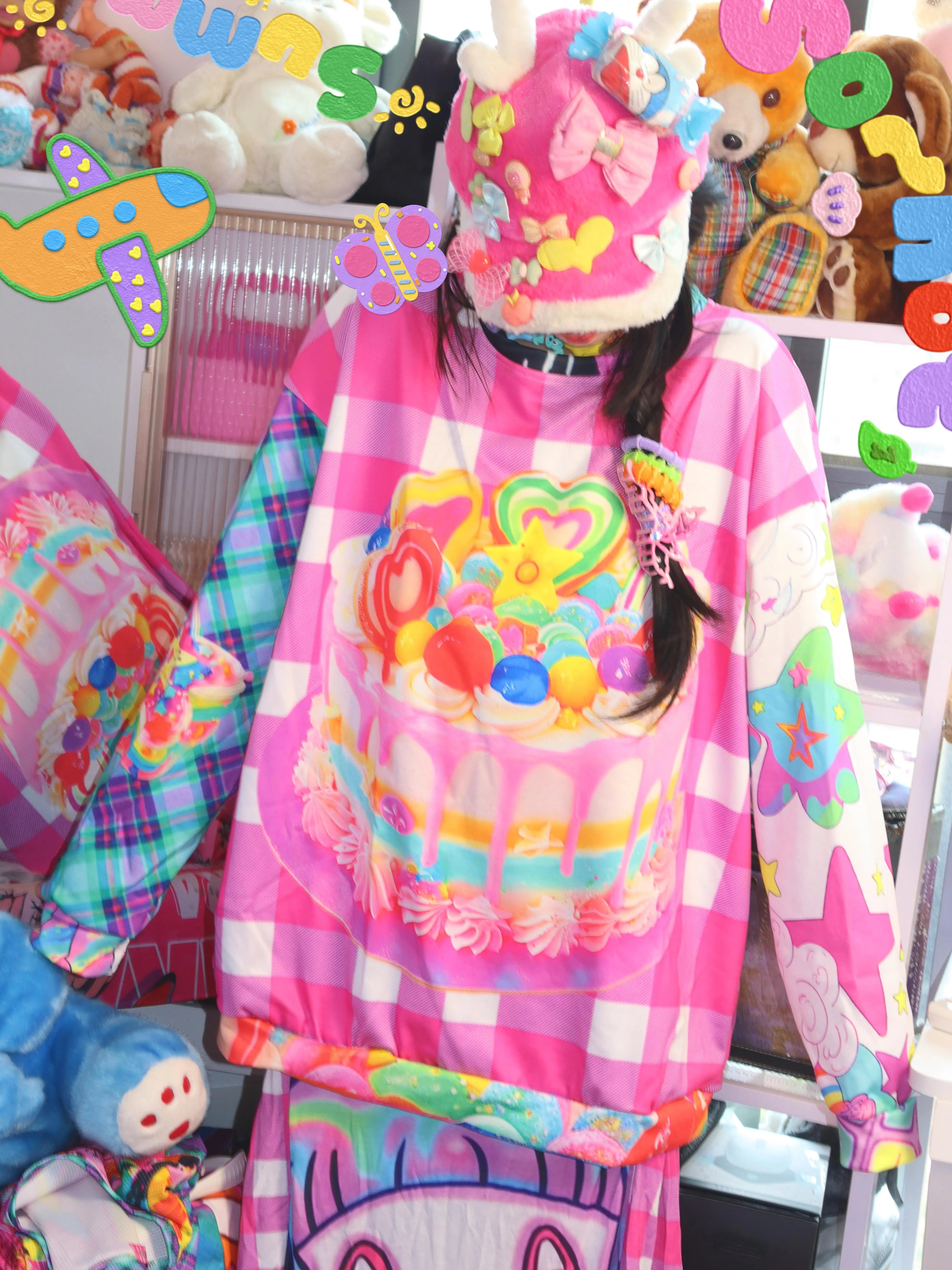 Decora Fashion Sweatshirt | Birthday Cake Shirt | Bright Plaid Top | Decora Kei Style by Land Decora