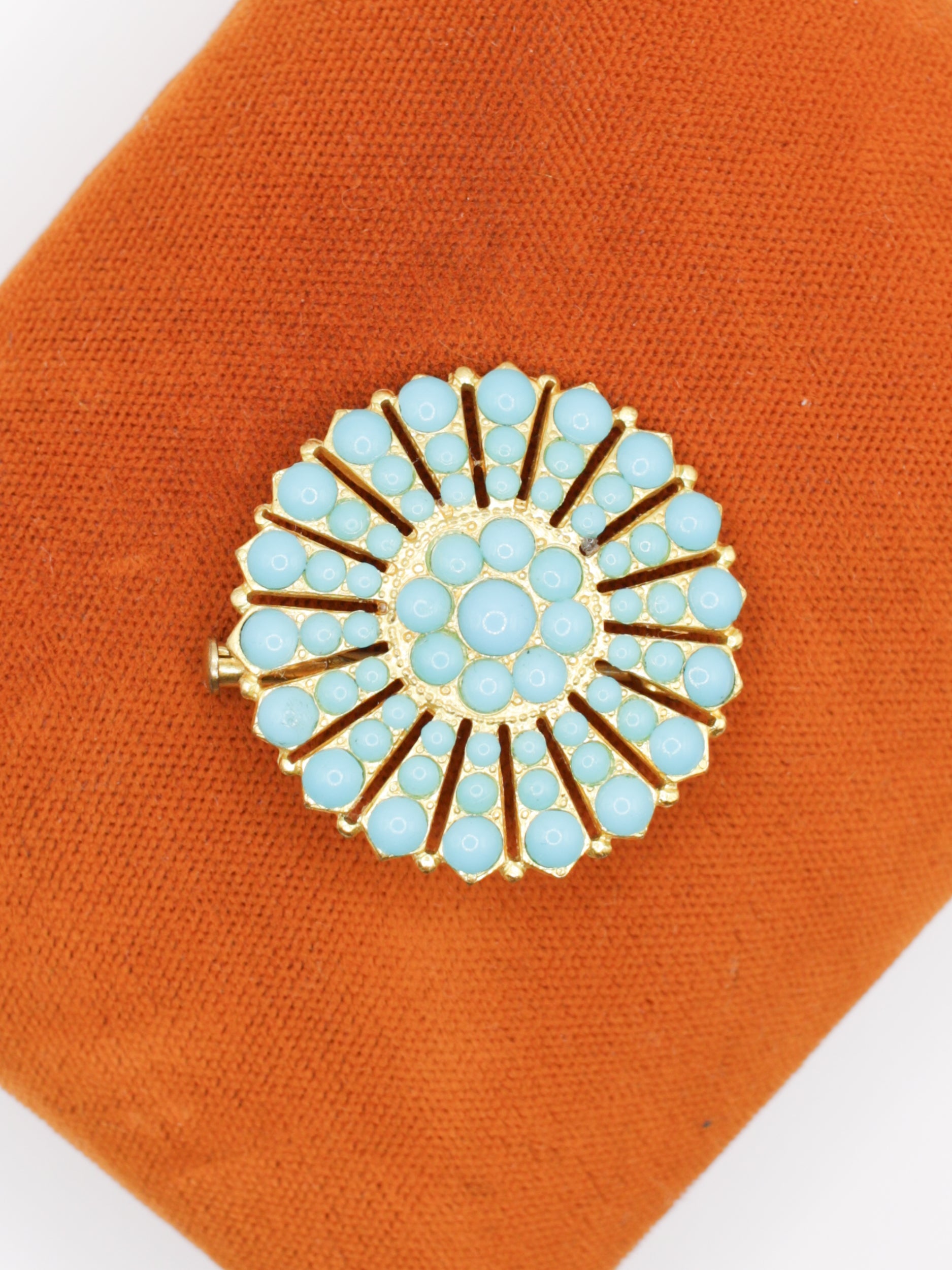 Vintage 50's Turquoise Blue Cabochon Sunburst Brooch by Northern Grip