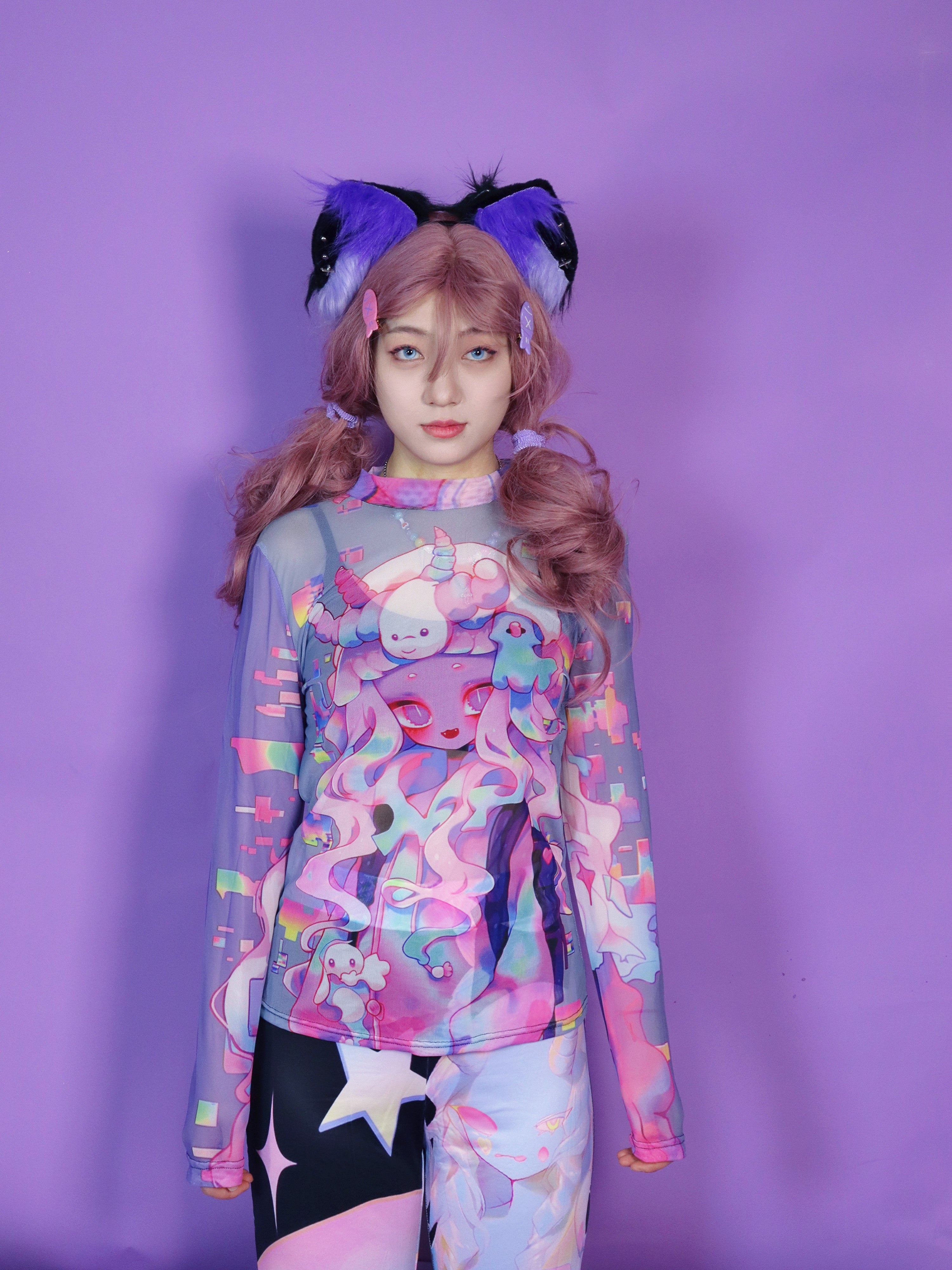 LEERROO Base Shirt Y2K Mesh Long Sleeve T-Shirt Purple Sunproof T-Shir by Land Decora