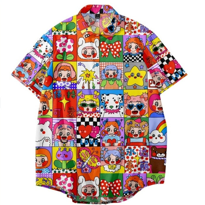 Kidcore Girl Power Plaid Shirt Loose Fit Cartoon Style - MooYo by Land Decora