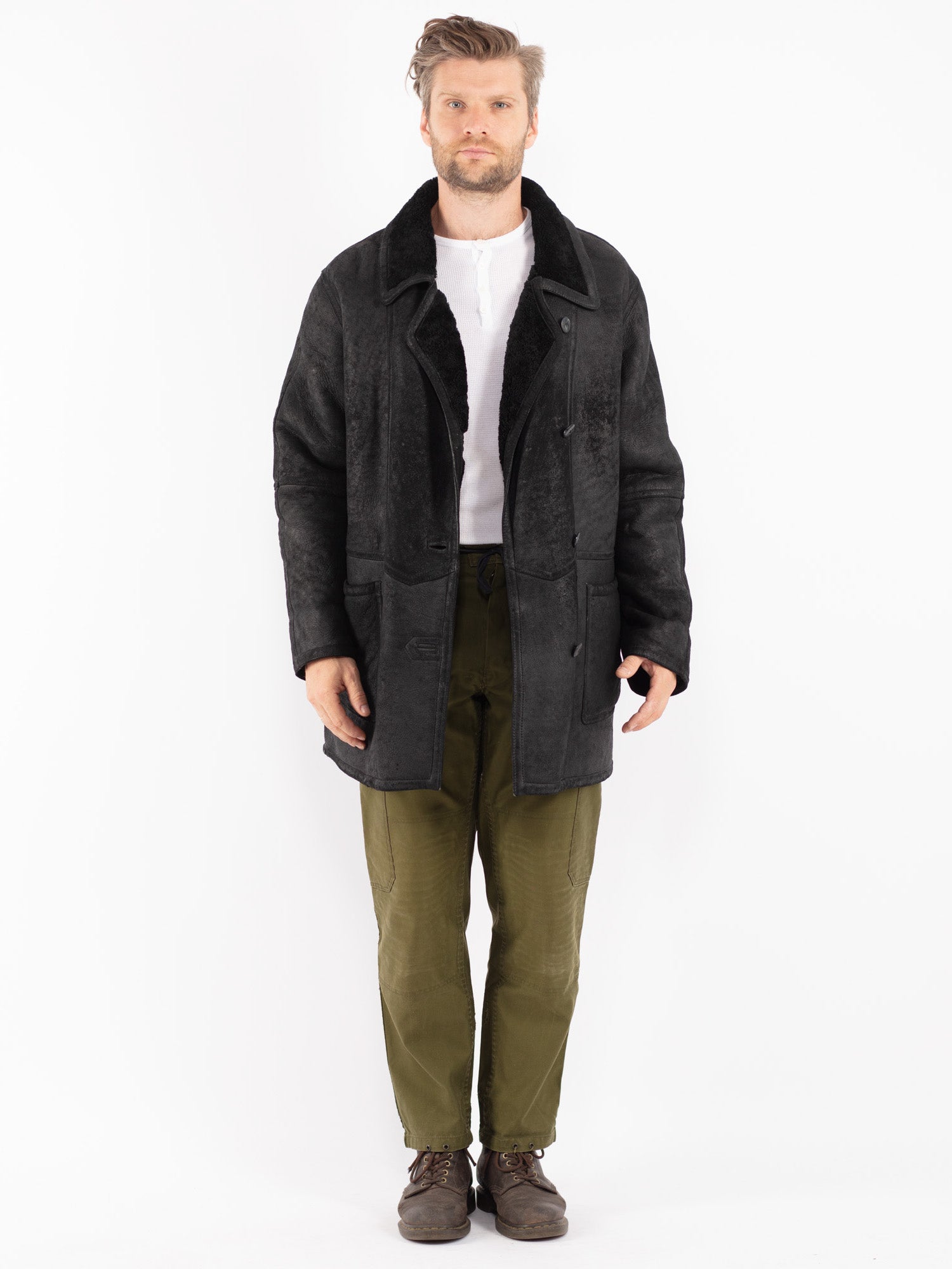 Vintage 80's Men Sheepskin Coat in Black by Northern Grip