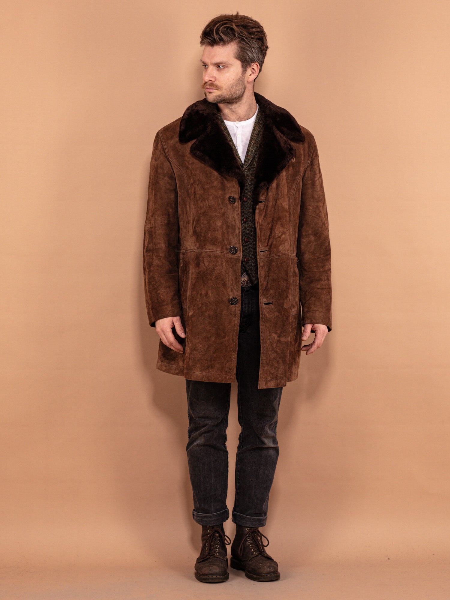 Vintage 70's Men Suede Sherpa Coat in Brown by Northern Grip