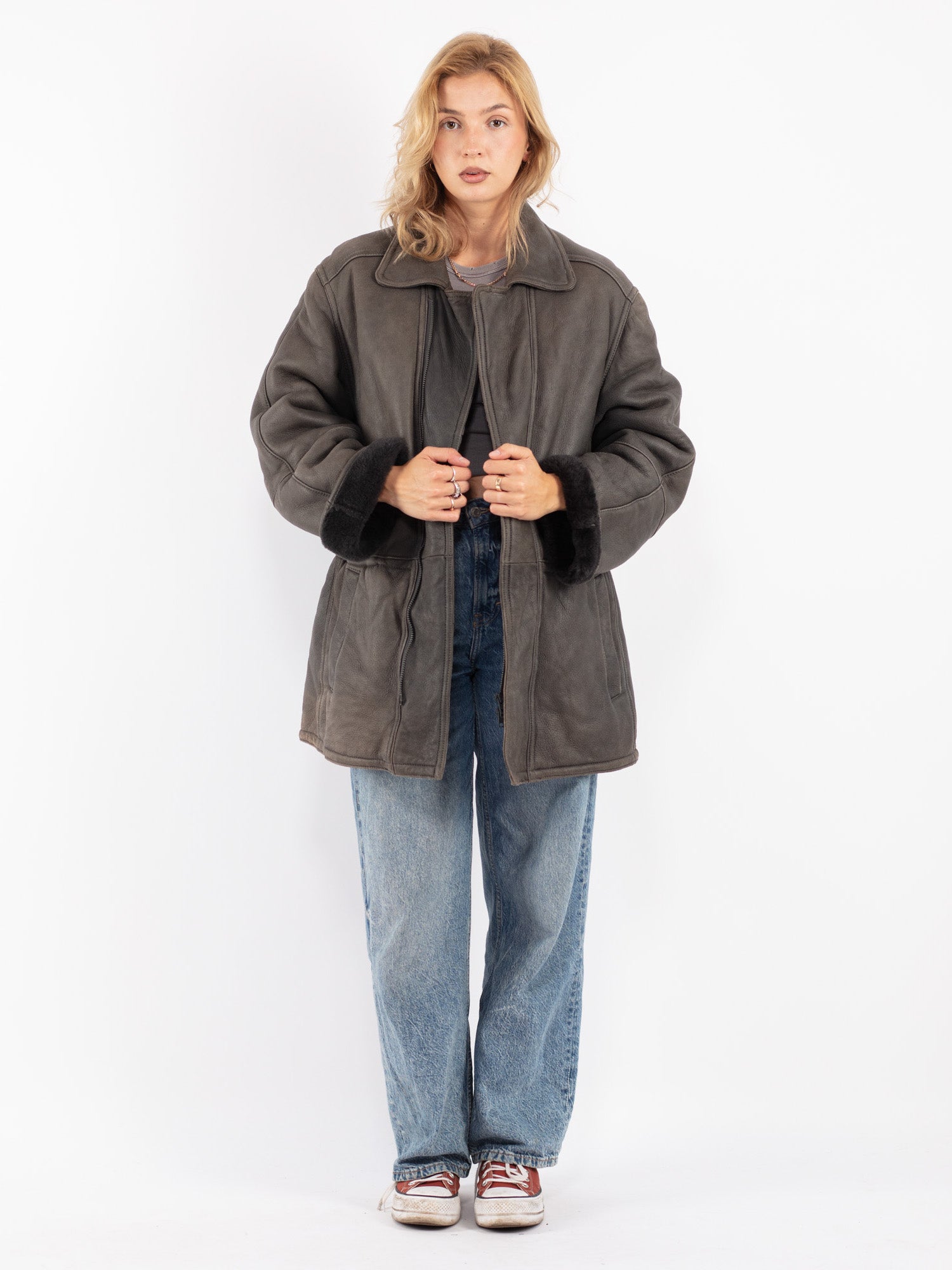 Vintage 70's Women Sheepskin Coat in Gray by Northern Grip