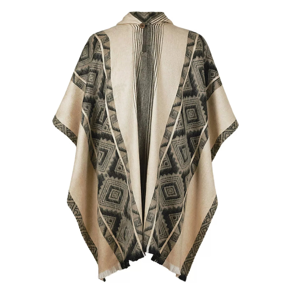 Lightweight Baby Alpaca Wool Hooded Unisex Poncho Pullover - Beige With Diamonds Pattern by ECUALAMA