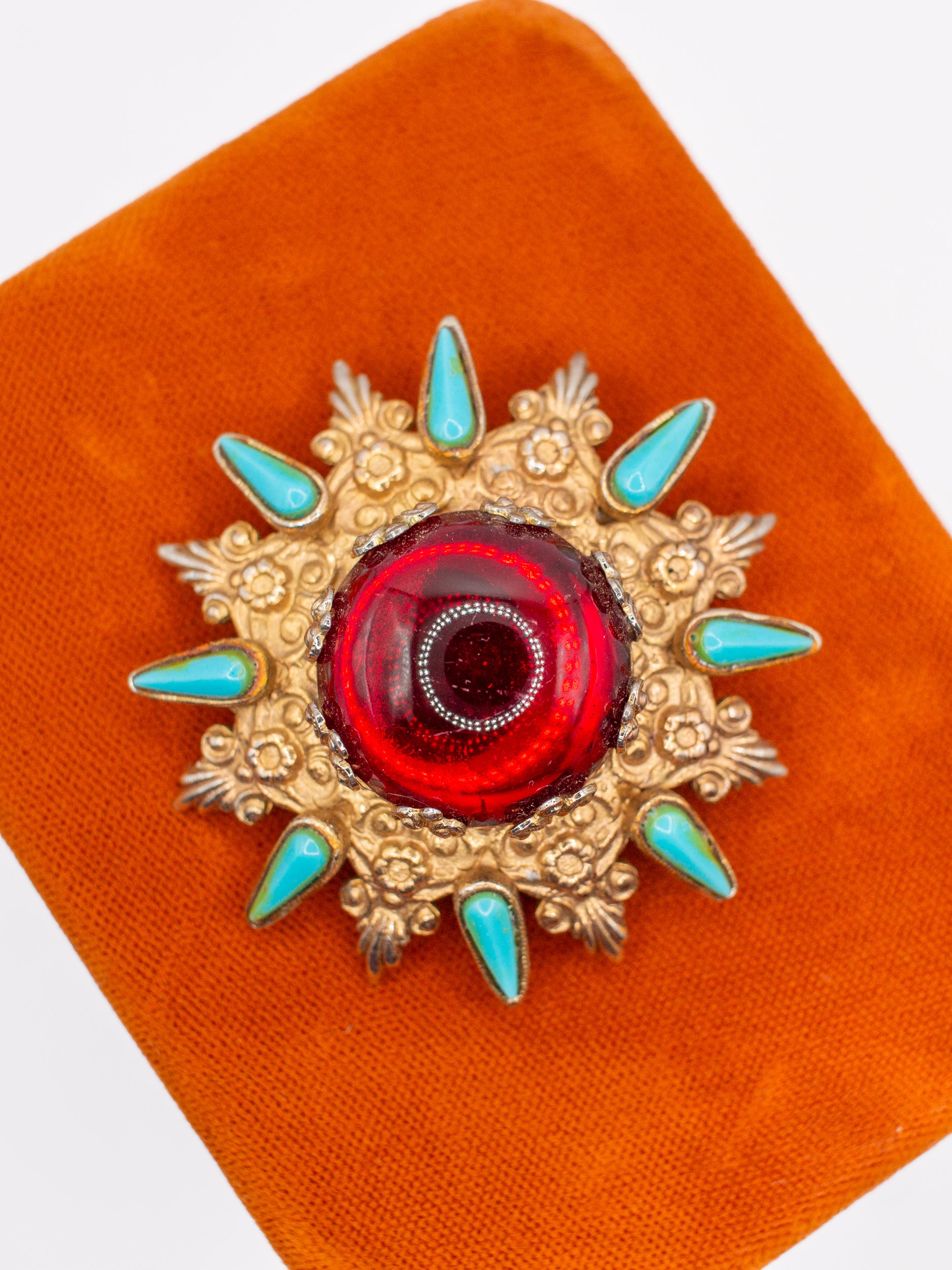 Vintage 70's Sphinx Red Cabochon Starburst Brooch by Northern Grip
