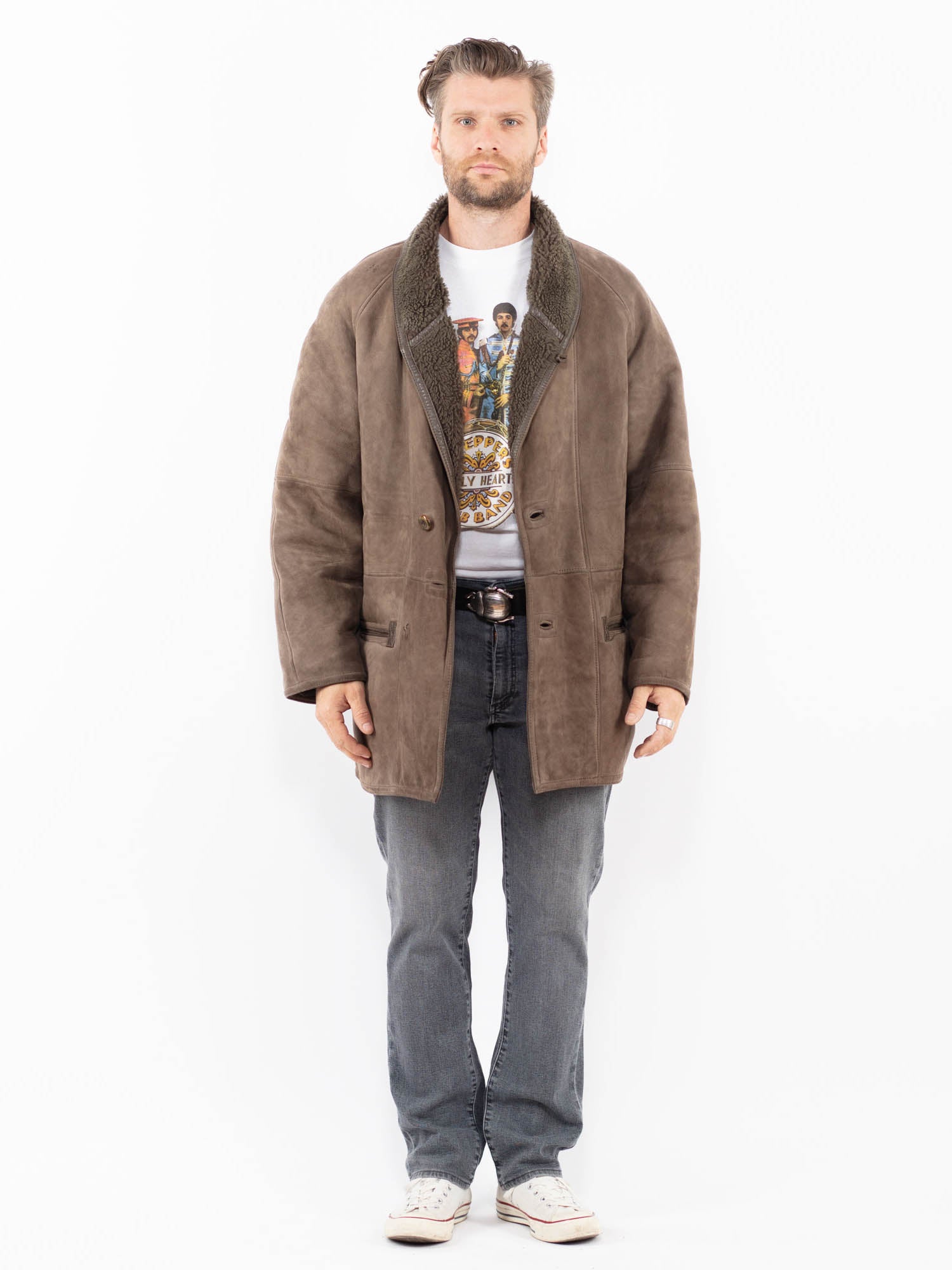 Vintage 80's Men Sheepskin Shearling Coat in Brown by Northern Grip