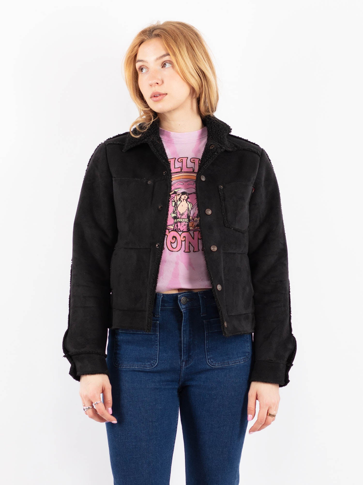 Vintage 00's Women Faux Sheepskin Jacket in Black by Northern Grip