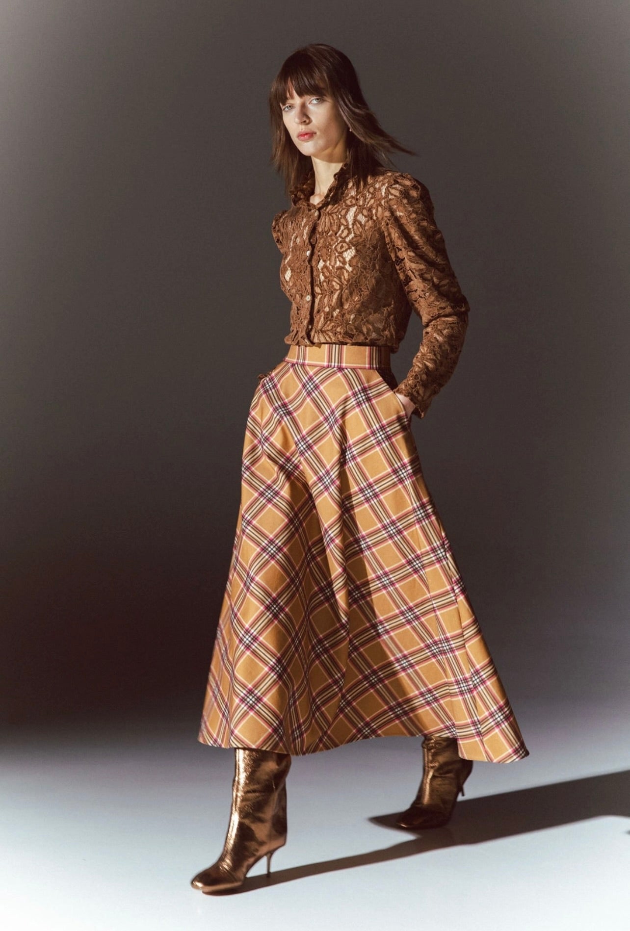 Simona Bonacci Checkered Midi Skirt in Camel by Sierra Deene