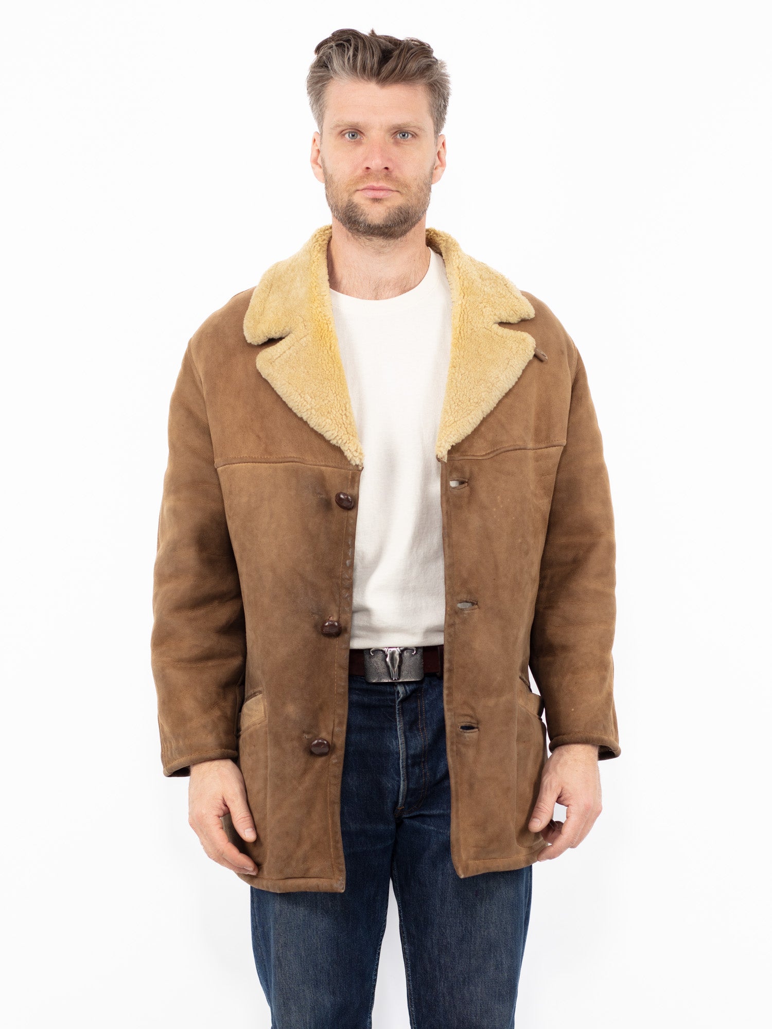 Vintage 70's Men Sheepskin Coat in Beige by Northern Grip