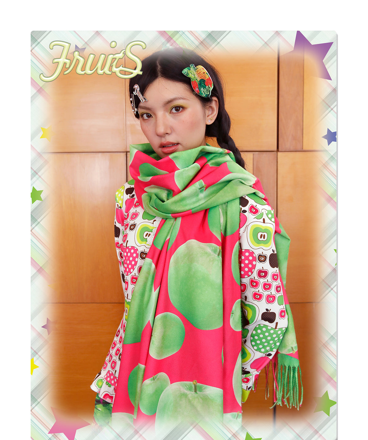 Kawaii Green Apple Print Fringe Scarf - FRUITS by Land Decora