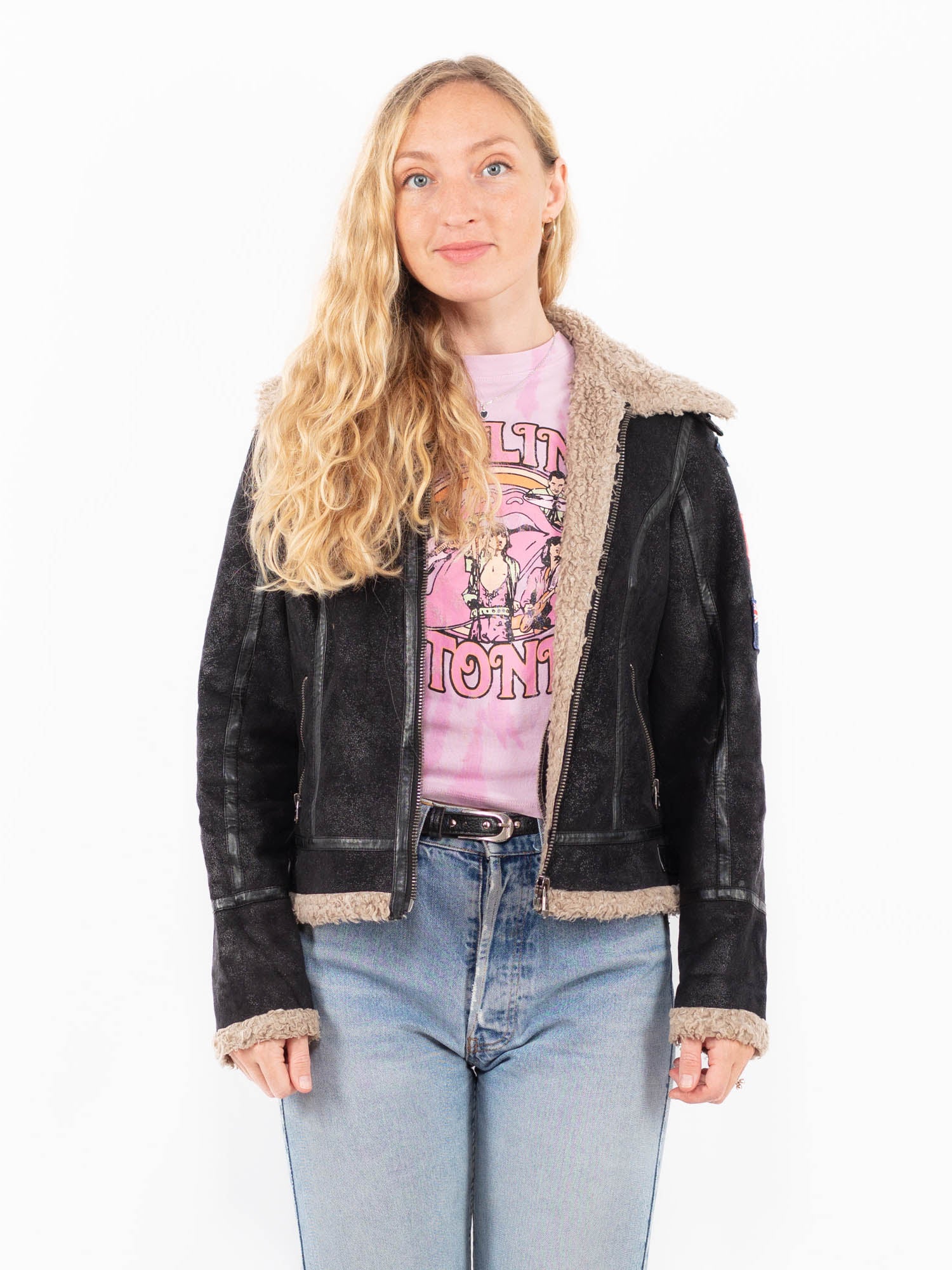 Vintage 00's Women Faux Sheepskin Jacket in Black by Northern Grip