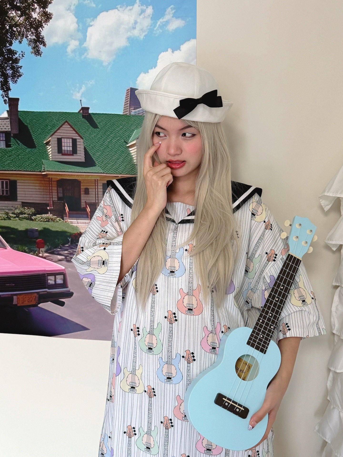 Guitar Sailor Collar T-Shirt Dress | Harajuku Kawaii Streetwear | Bunnybunnygun by Land Decora