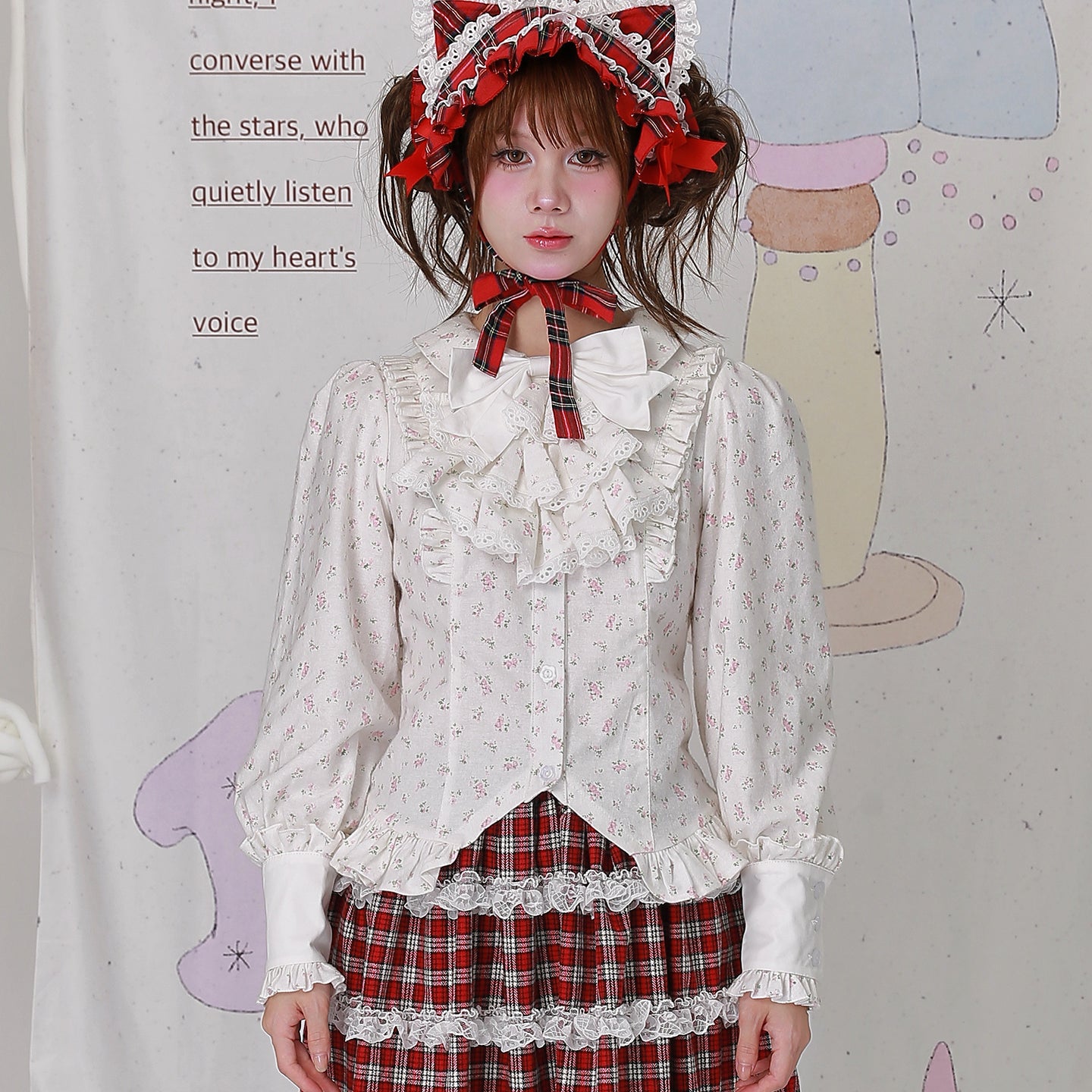 Kawaii Blouse White Floral Lolita Long Sleeve Cotton - SOS MEME CLUB by Land Decora