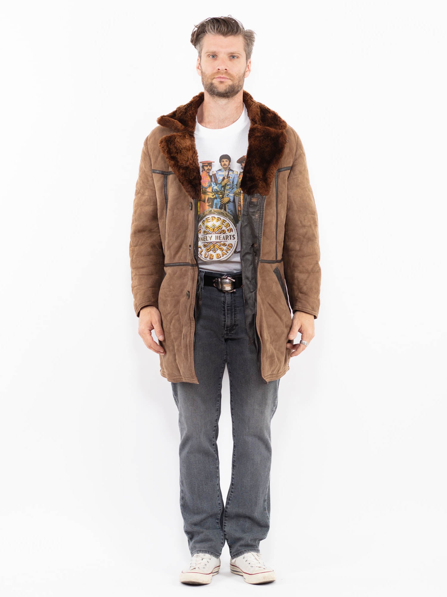 Vintage 70's Men Sheepskin Coat in Brown by Northern Grip