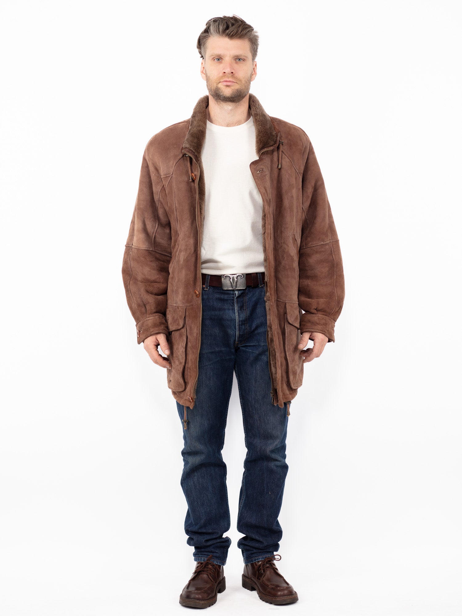 Vintage 90's Men Oversized Sheepskin Coat in Brown by Northern Grip
