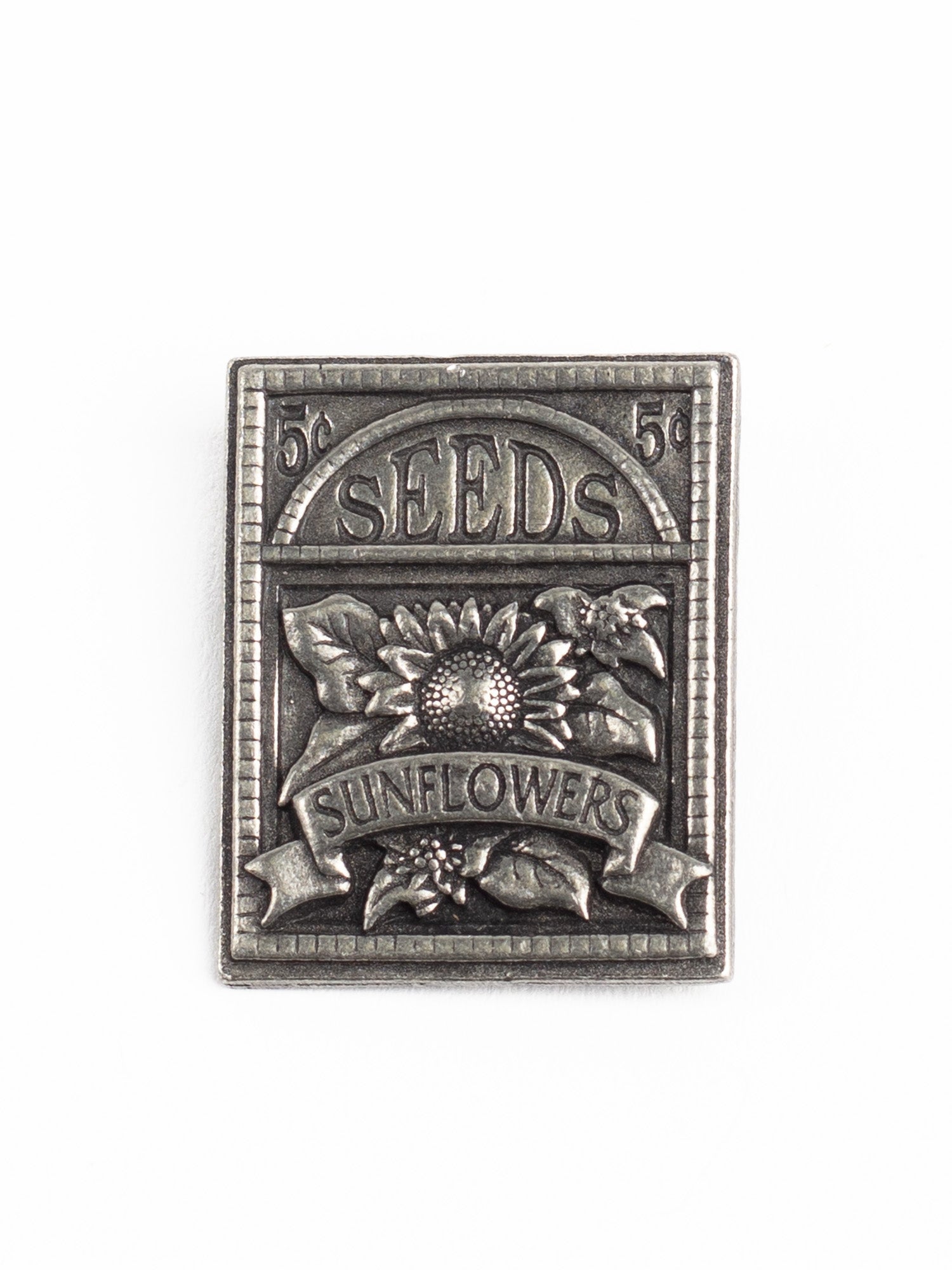 2003 Birds & Blooms Sunflower Seed Packet Brooch – Vintage Pewter Garden Pin by Northern Grip