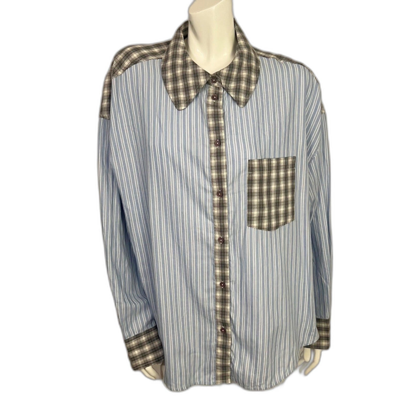 Out From Under Urban Outfitters Blue Pinstripe Grey Plaid Button Up Si by Hot Girl Secondhand