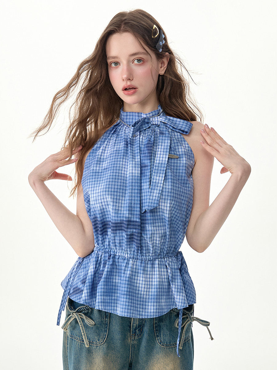 Blue Plaid Bow Halter Top - ziziFei by Land Decora