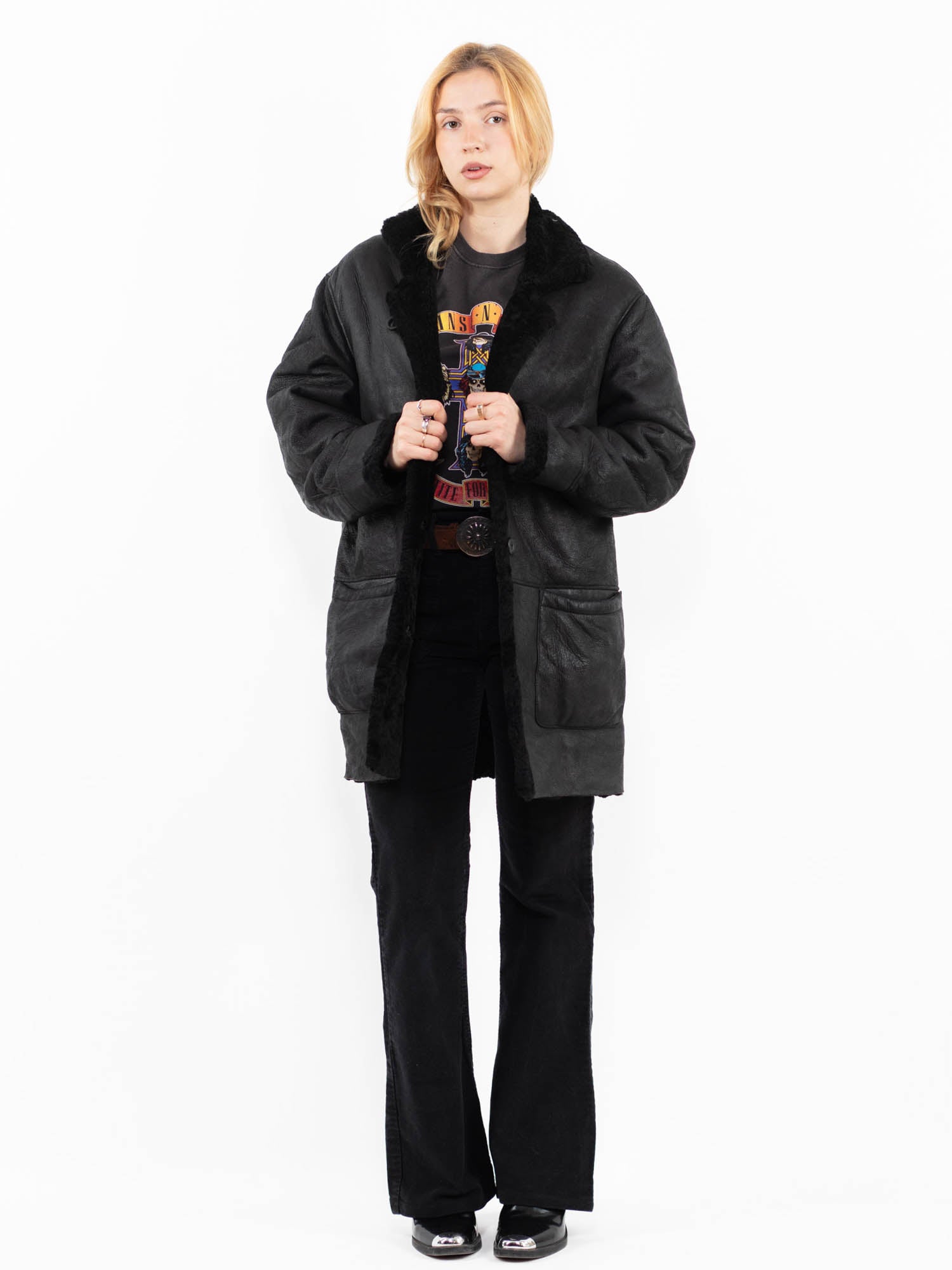 Vintage 80's Women Sheepskin Coat in Black by Northern Grip
