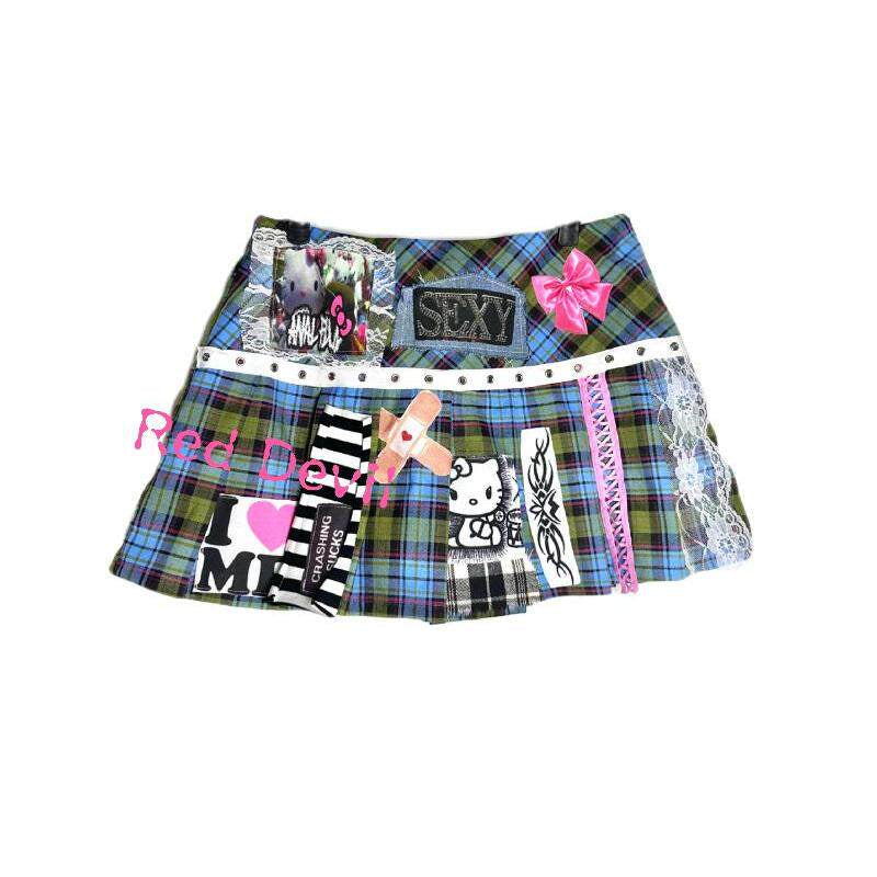 Y2K Hello Kitty Plaid Skirt - Red Devil by Land Decora