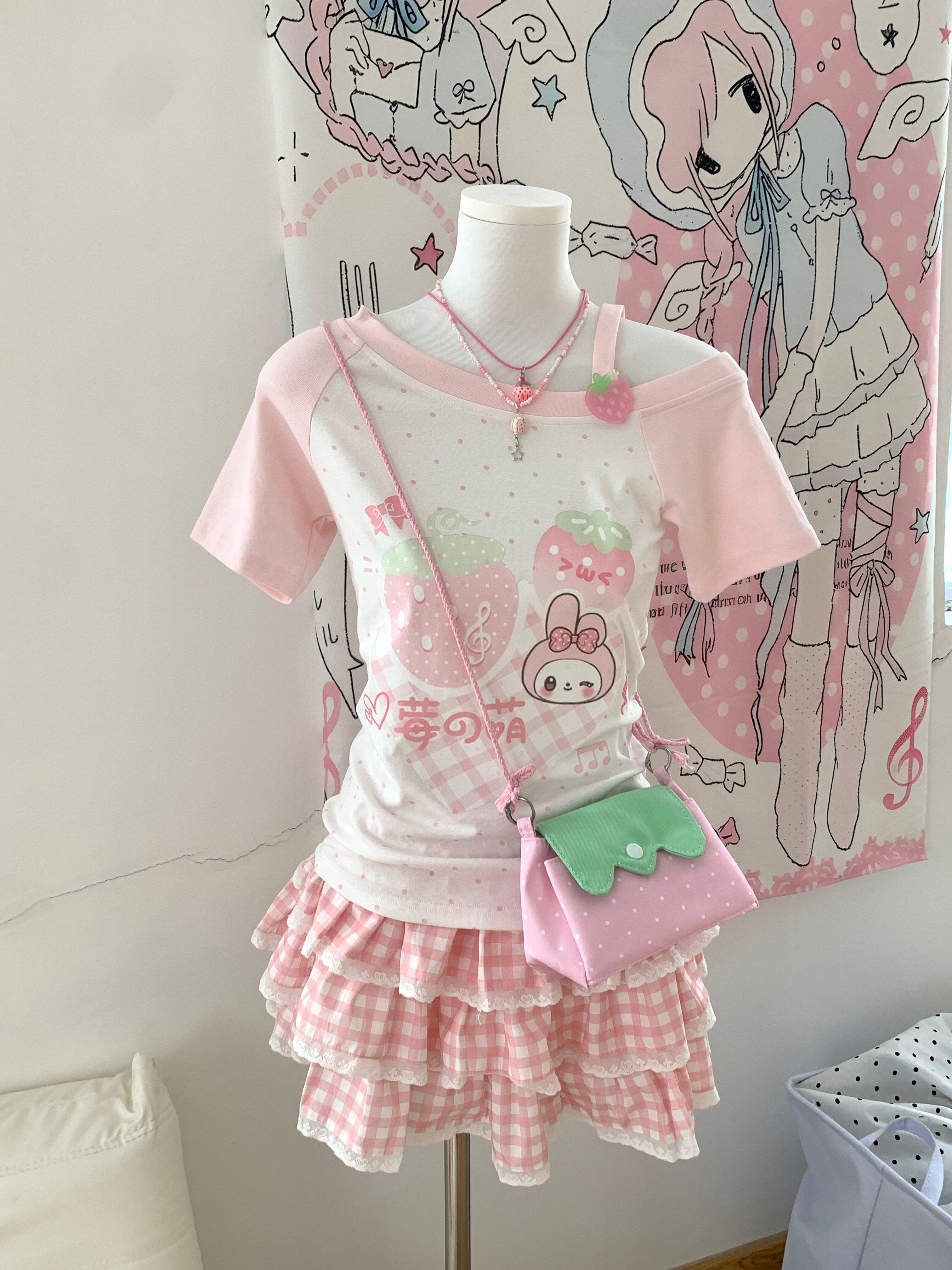 Kawaii Strawberry Tee & Cake Skirt Set - Blurred Bear by Land Decora
