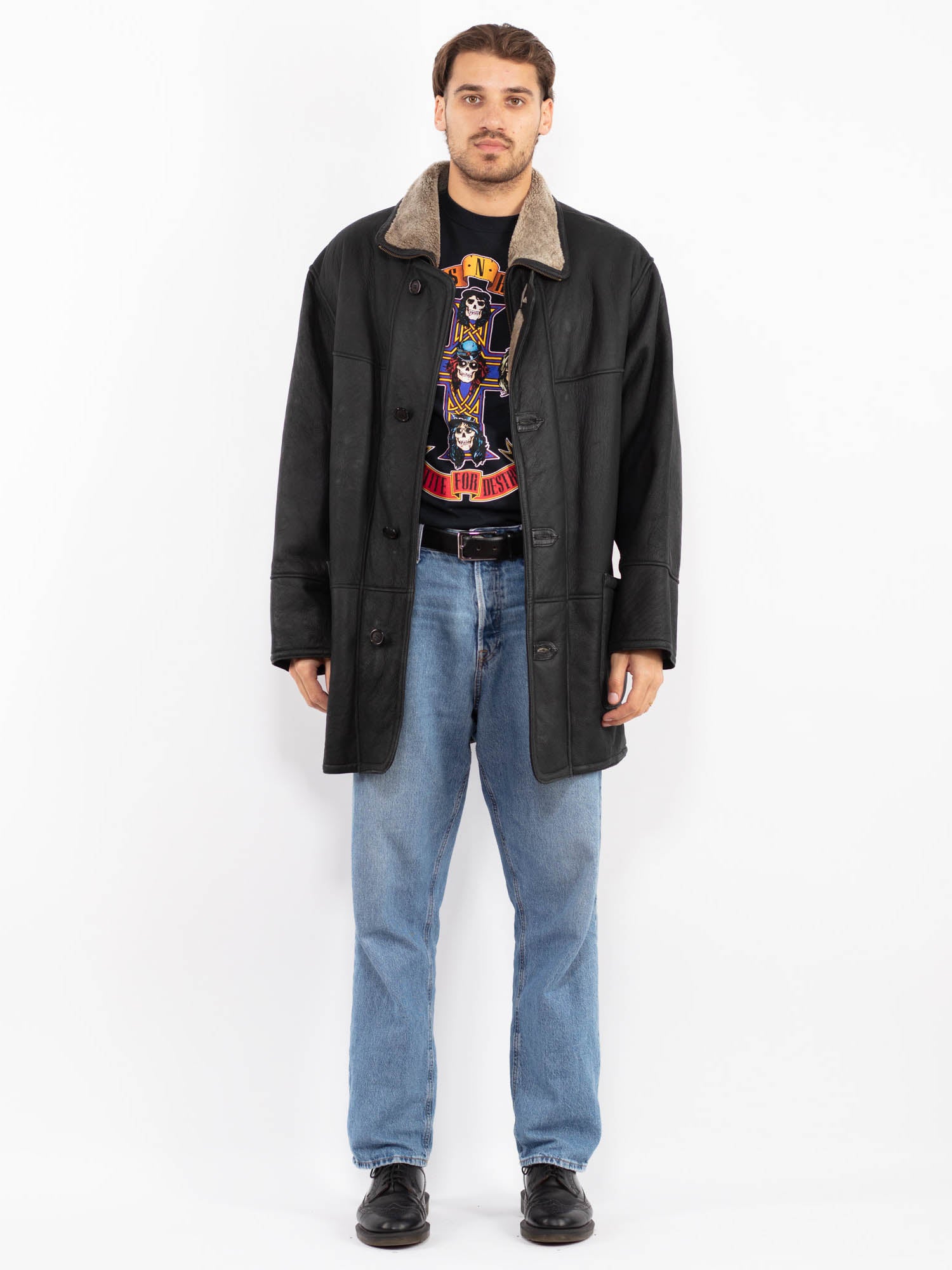 Vintage 90's Men Sheepskin Coat in Black by Northern Grip