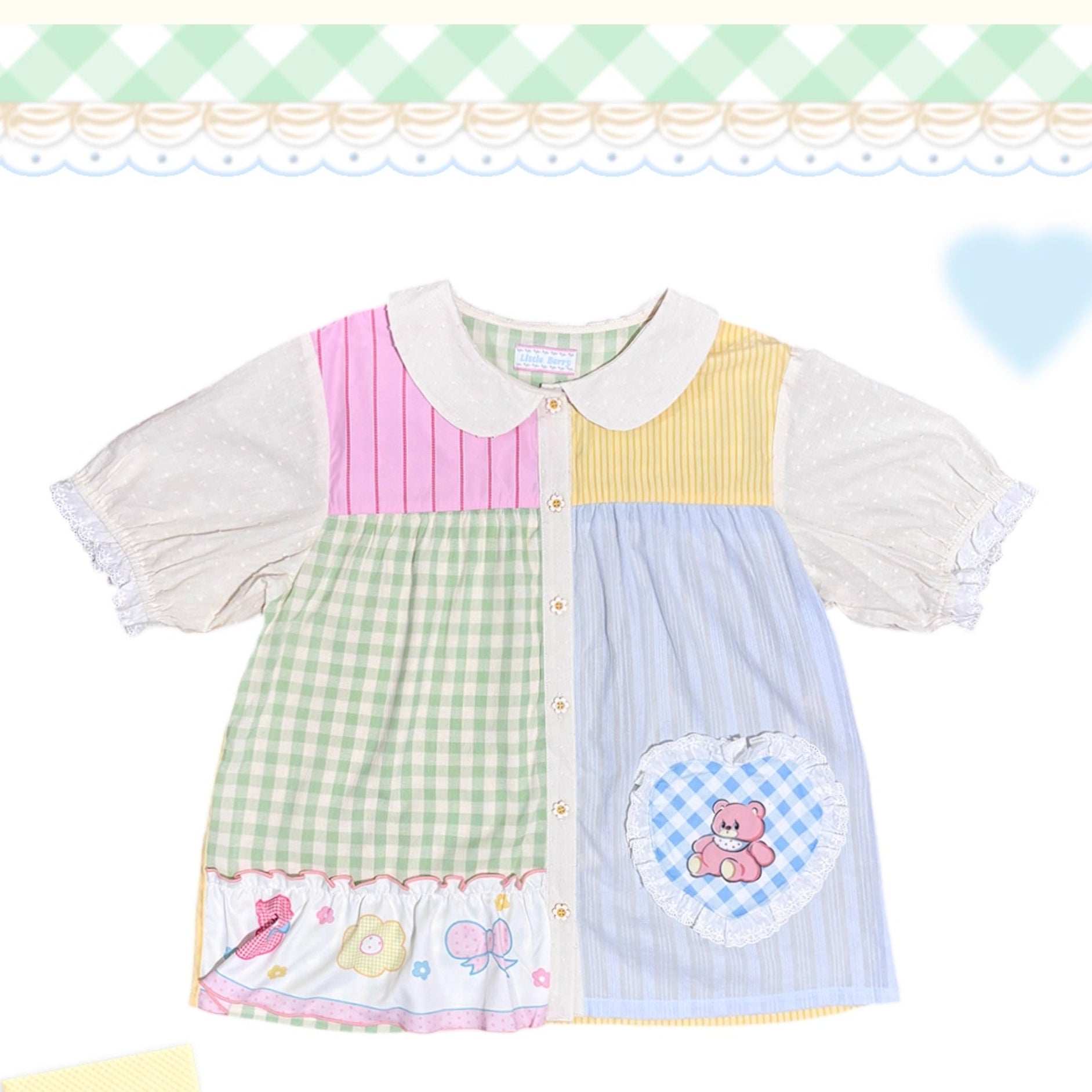 Kawaii Patchwork Color Cotton Shirt - Little Berry by Land Decora