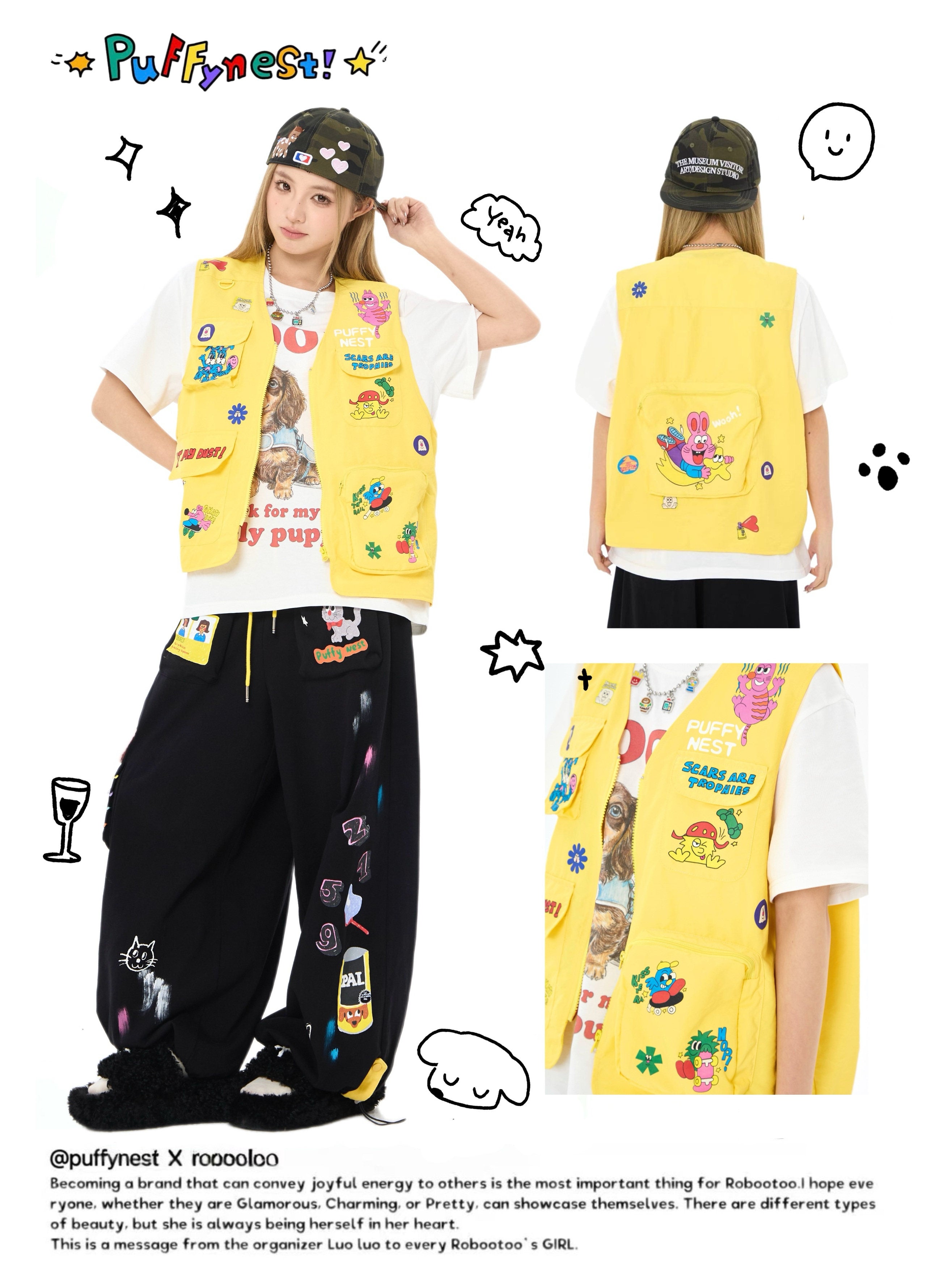 Yellow Cartoon Utility Vest Y2K Kawaii - Robootoo by Land Decora