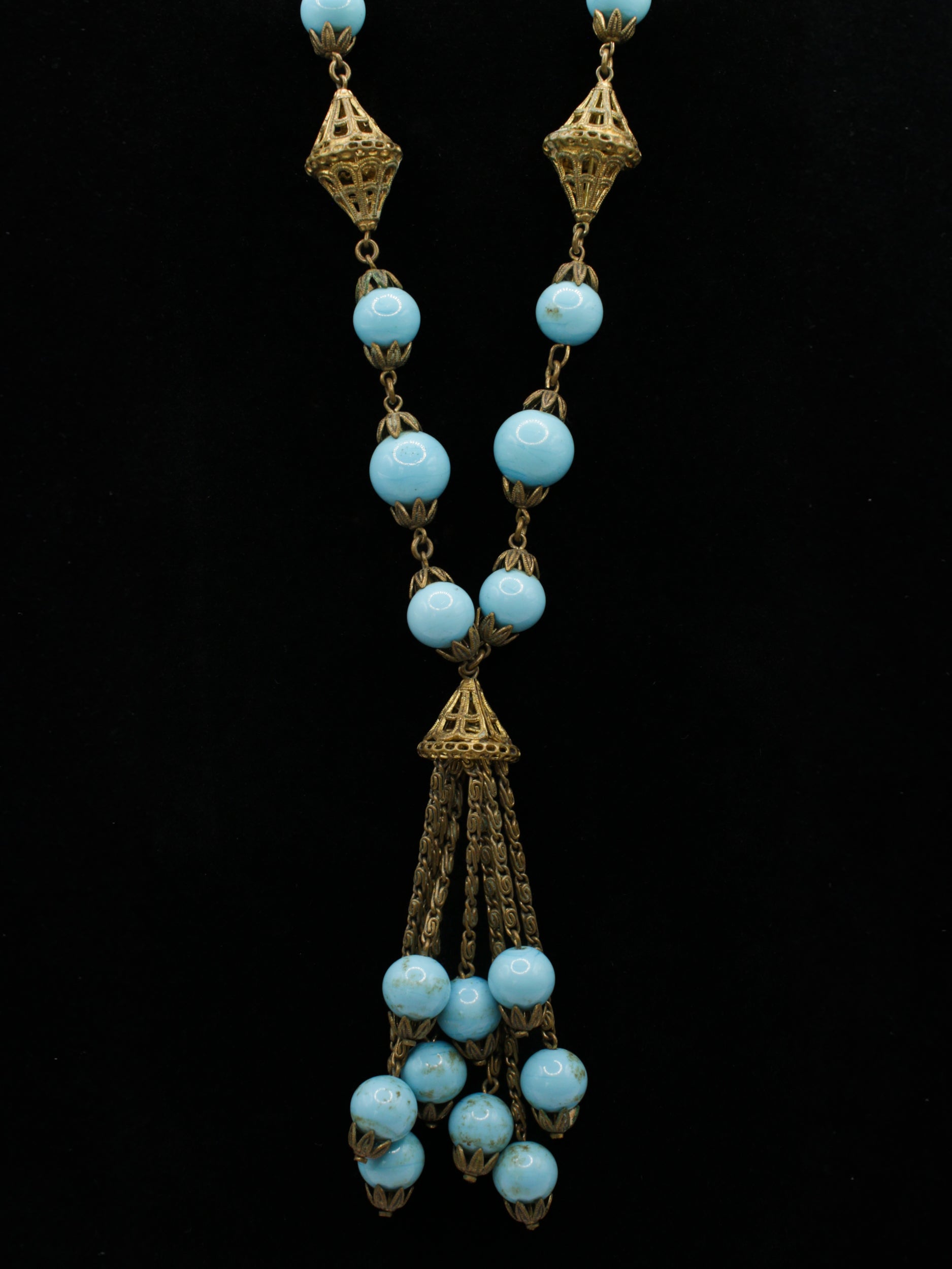 Vintage 20's Czech Turquoise Glass Tassel Necklace by Northern Grip
