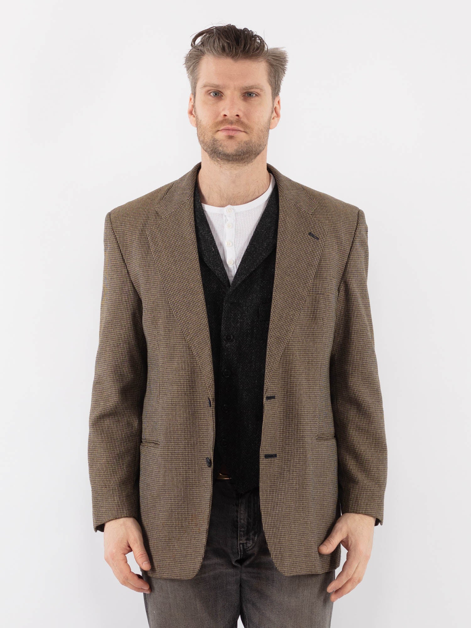 Vintage 90's Men Wool Blazer Jacket in Beige by Northern Grip
