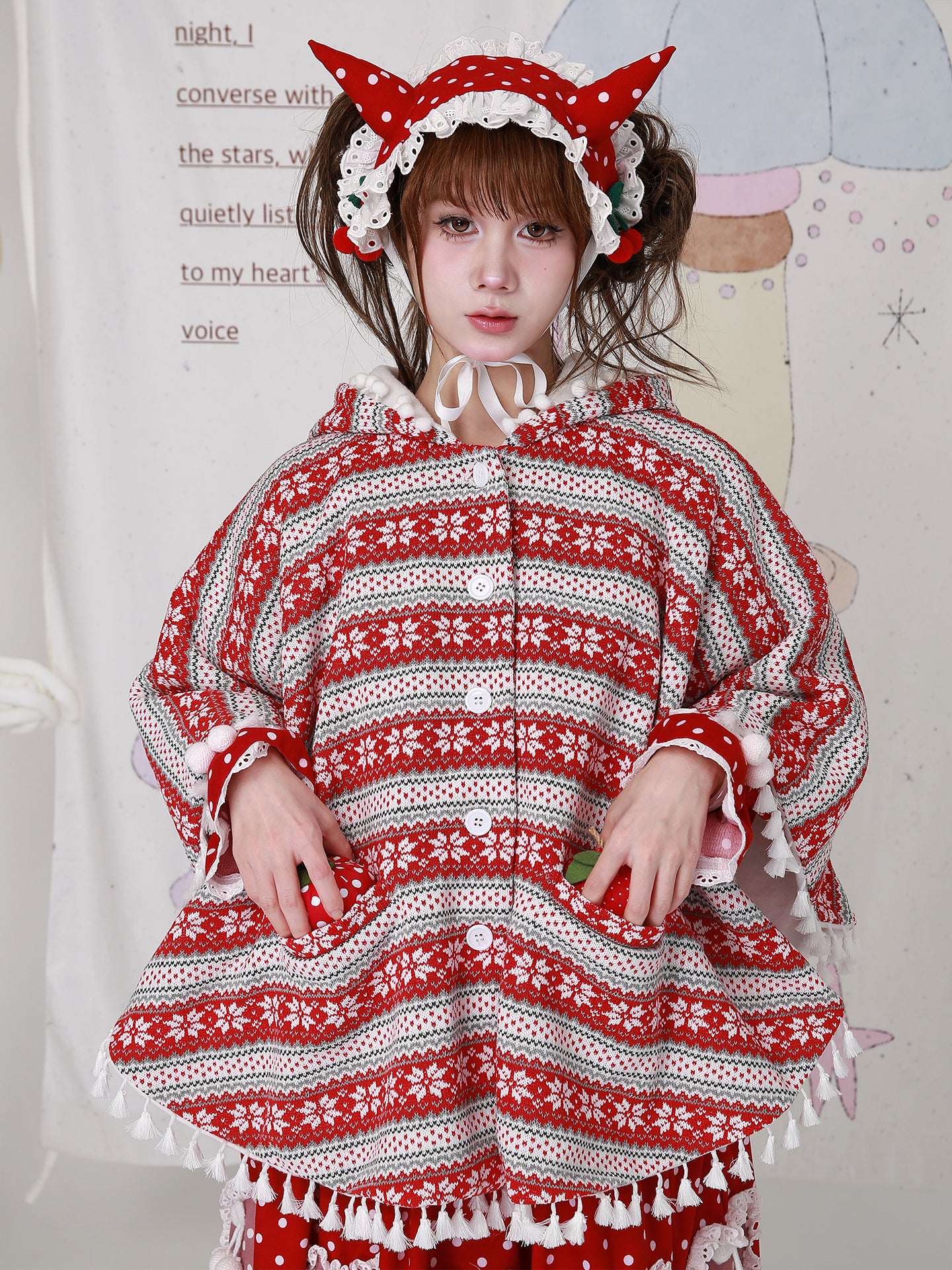 Kawaii Red Christmas Cape Vintage Showa Lolita Knit Shawl Coat - SOS MEME CLUB by Land Decora