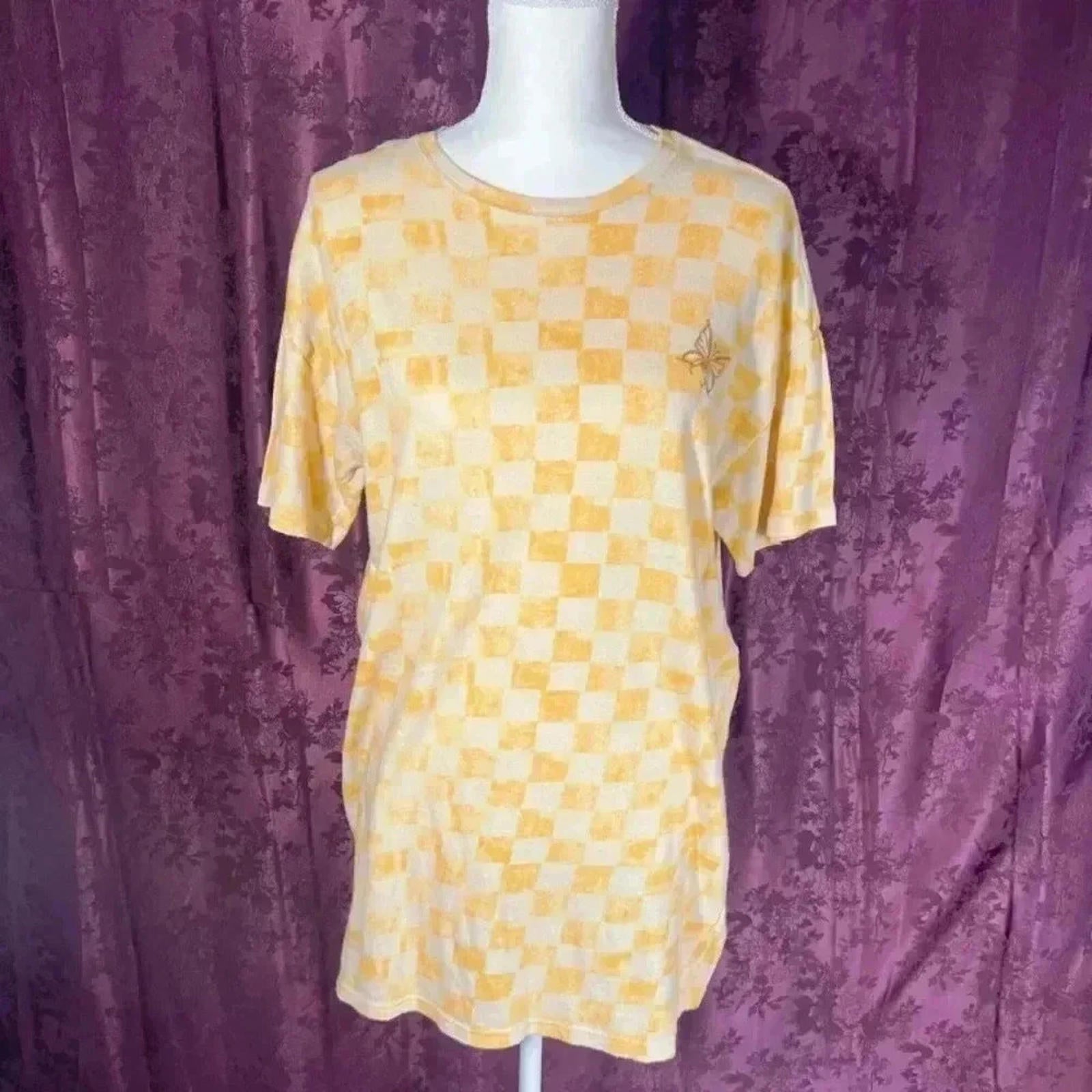 Urban Outfitters Yellow Checkerboard T Shirt Dress With Butterfly Wome by Hot Girl Secondhand