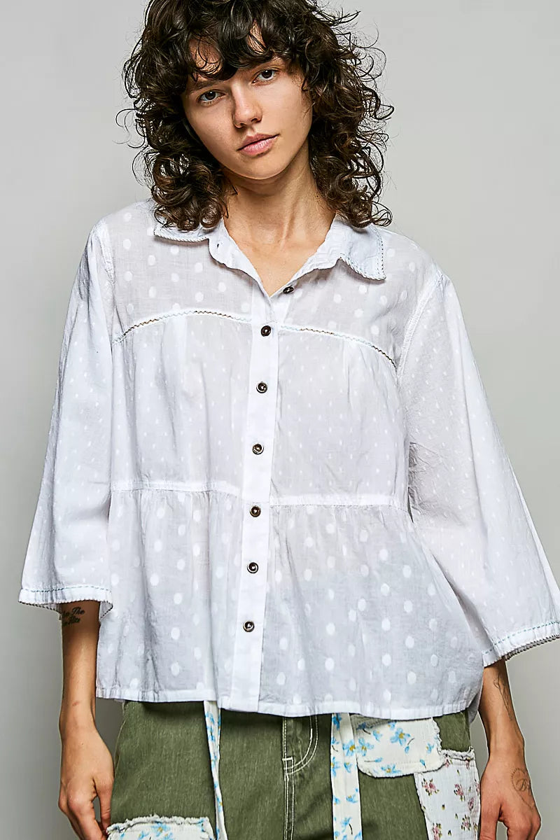 POL Tonal Dot Weave Textured Button Front Shirt by RAËLIV