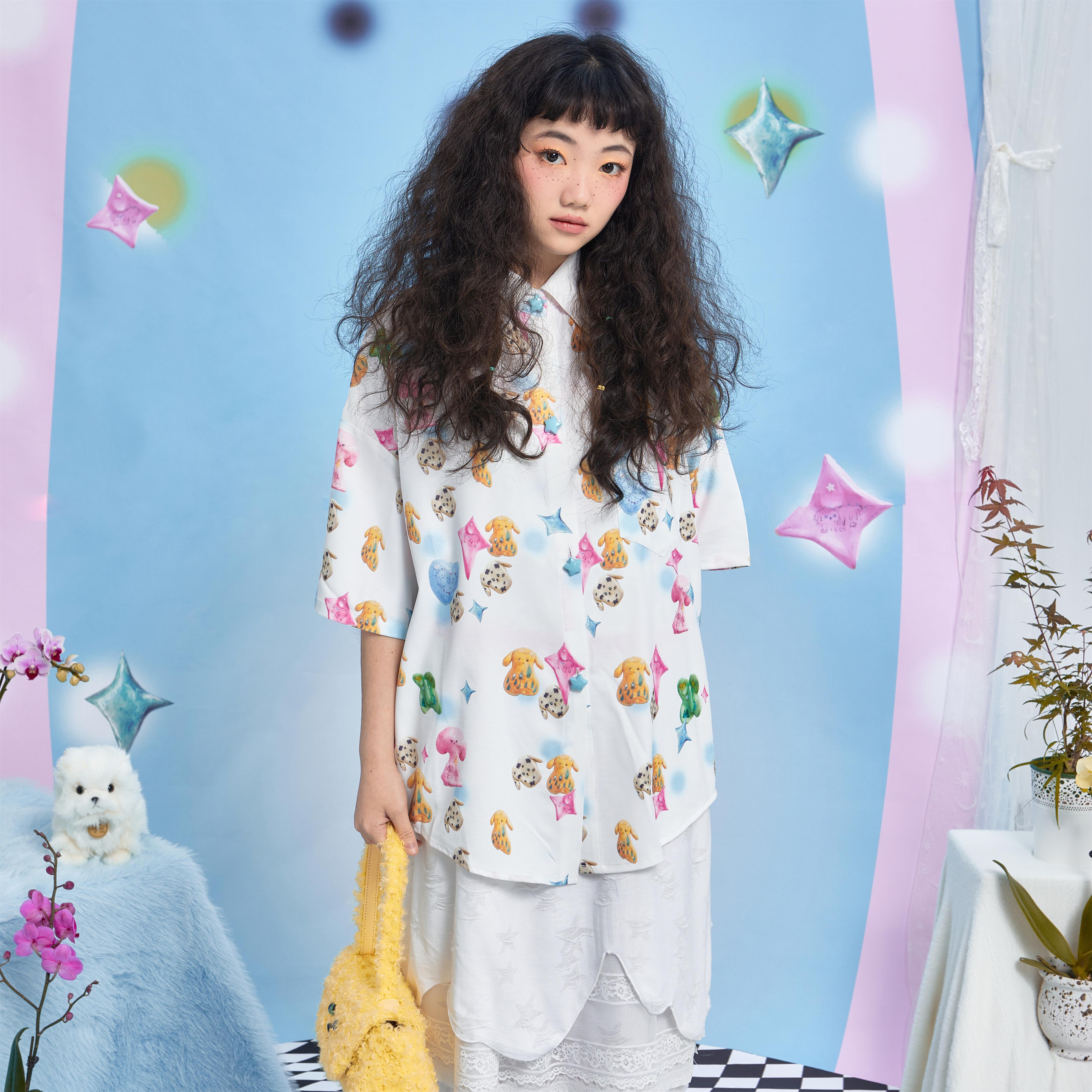 Harajuku Shirt White Dog Print Shirt Cute Summer Short Sleeve Shirt Moon Meadow by Land Decora