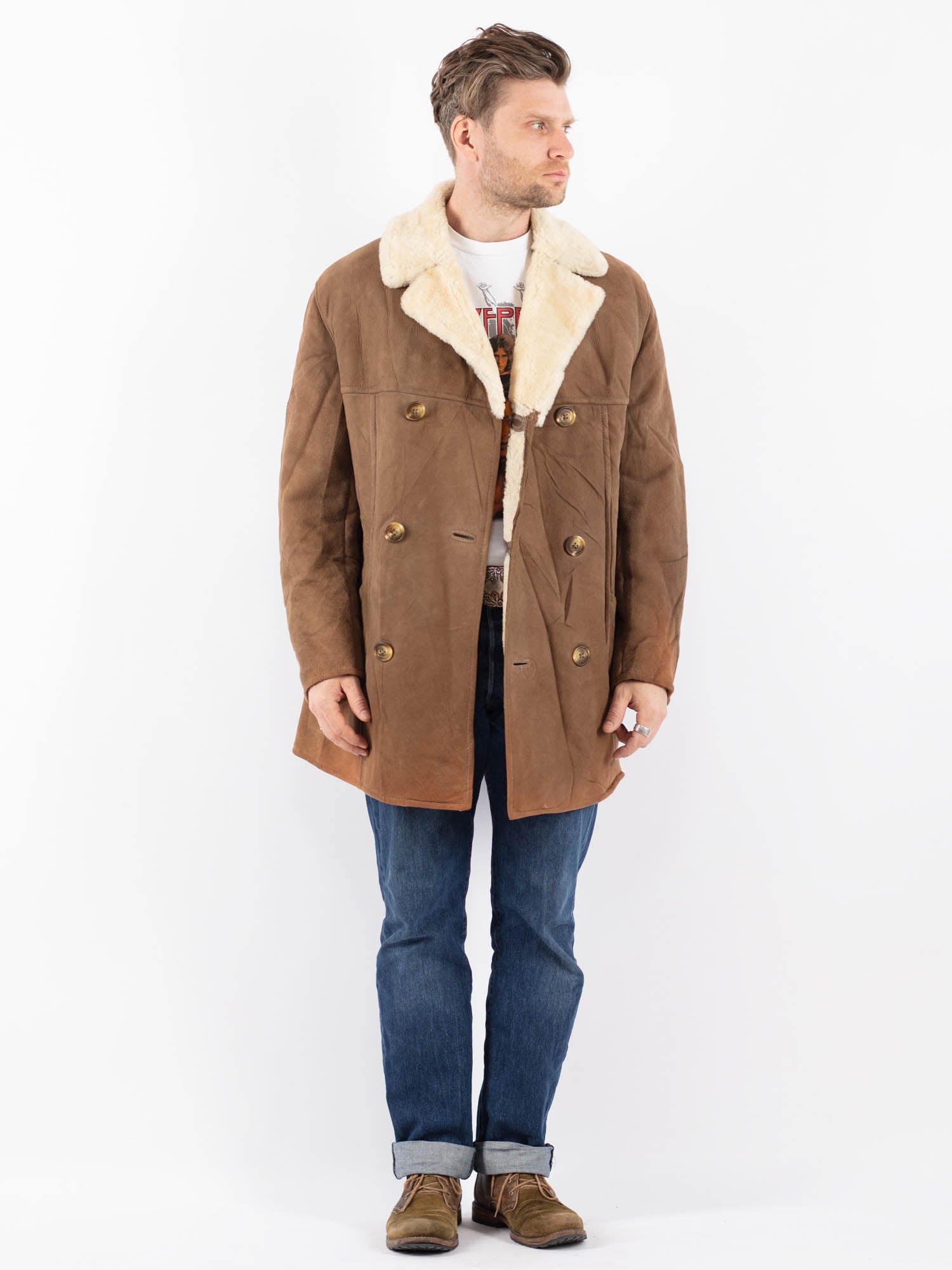 Vintage 80's Men Sheepskin Coat in Beige by Northern Grip
