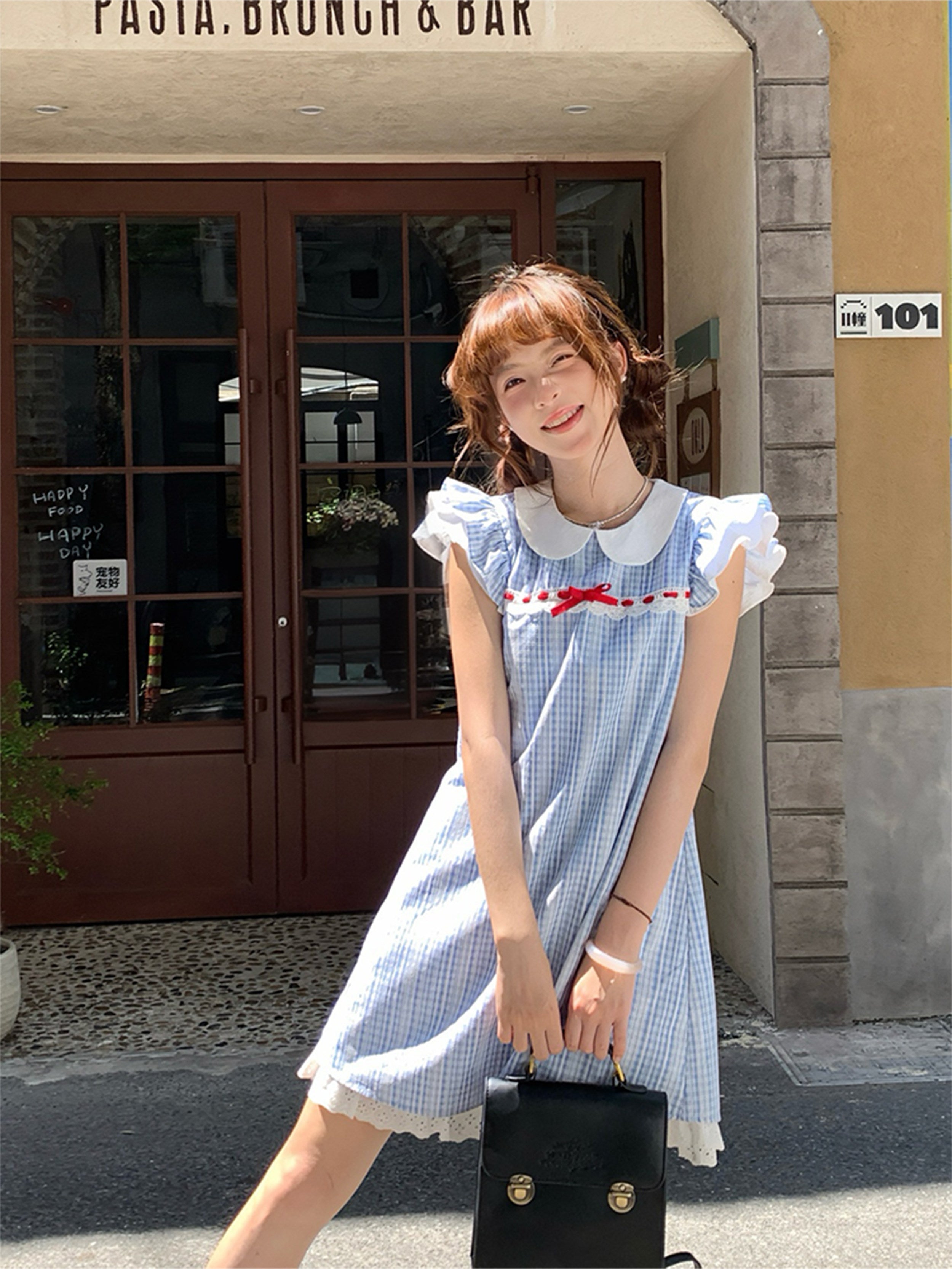 Blue Plaid Flutter Sleeve Midi Dress | Kawaii Japanese Soft Girl Fashion by Land Decora